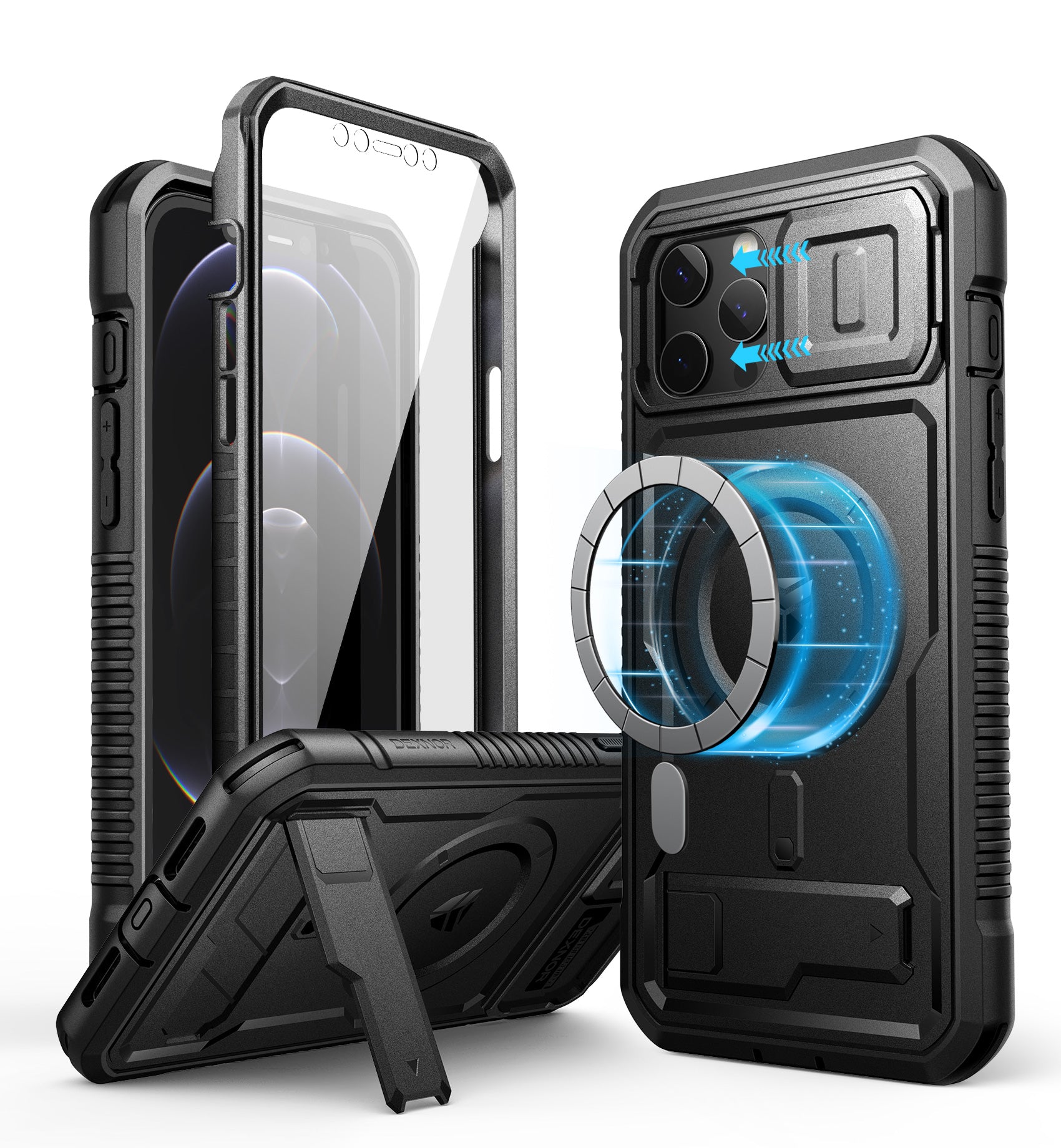 Dexnor Case for iPhone 12 Pro Max with Camera Cover Compatible with MagSafe Built-in Screen Protector Heavy-Duty Shockproof Full-Body Rugged Protective Magnetic Cover with Kickstand
