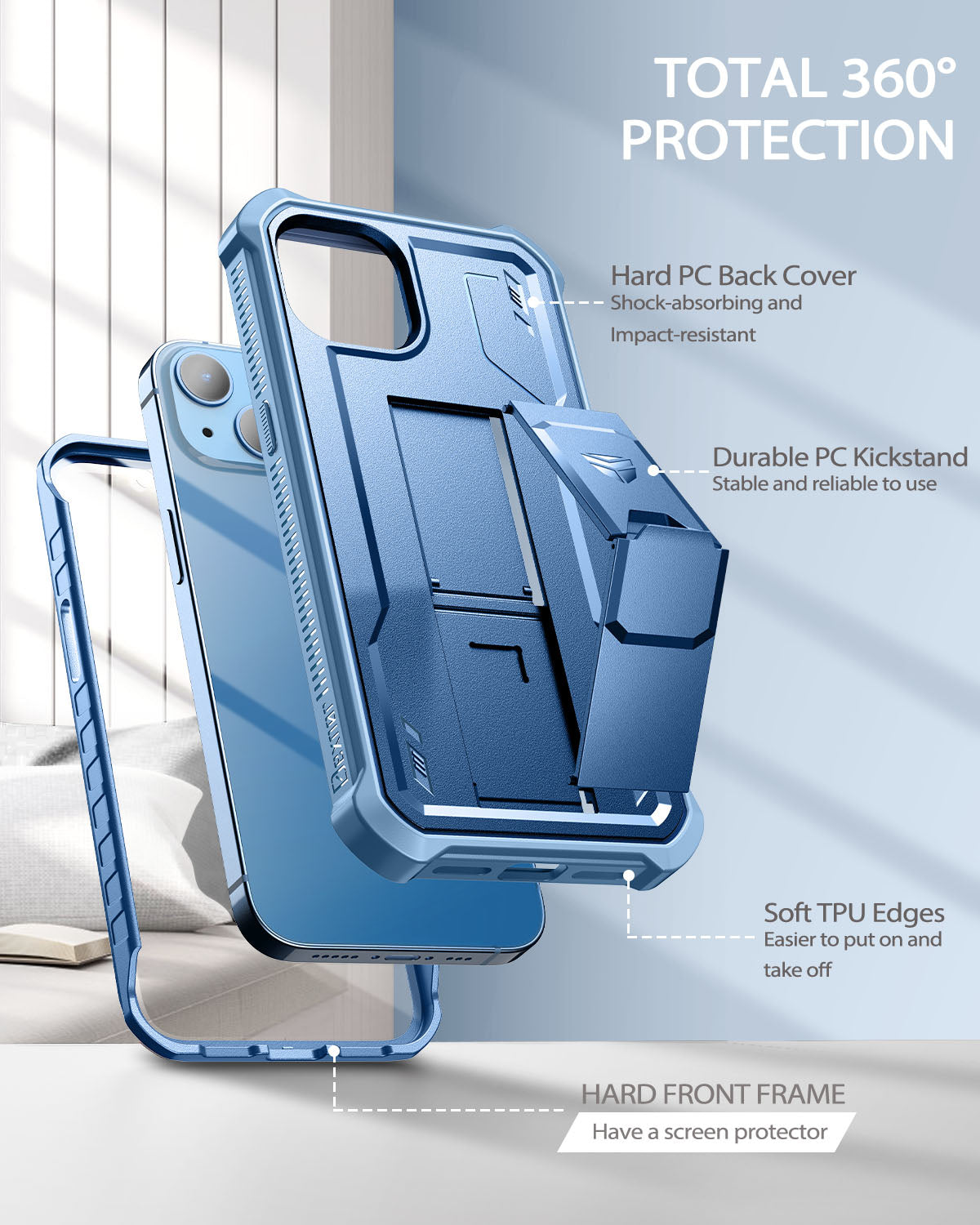 Dexnor for iphone 14/13 Case With  Heavy-duty Shockproof Full Body Built-in Screen Protector Adjustable Kickstand