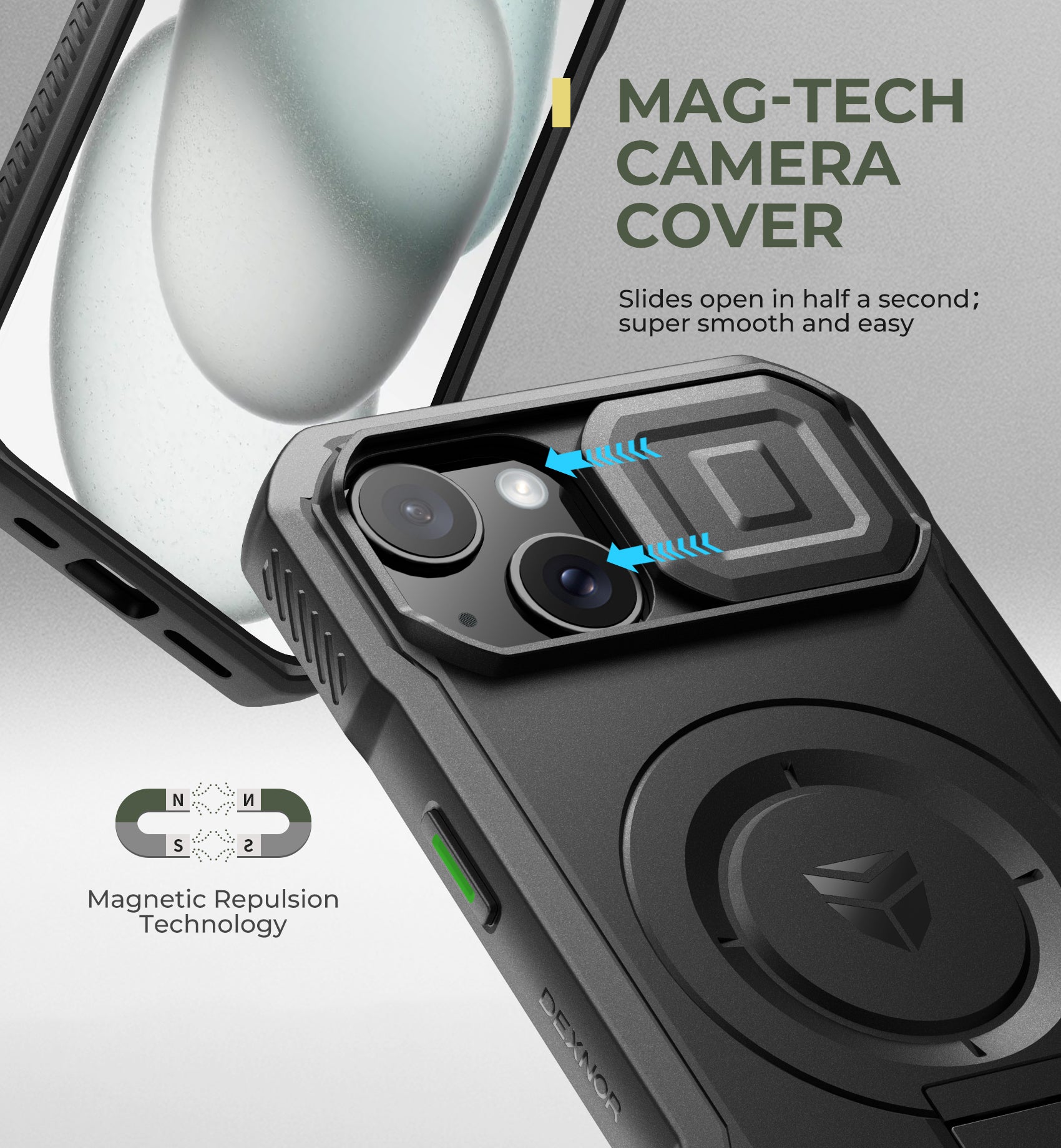 Dexnor Case for iPhone 15 with Slide Camera Cover Adjustable Kickstand Compatible with MagSafe Rugged Shockproof Bumper Heavy-Duty Magnetic Protective Cover