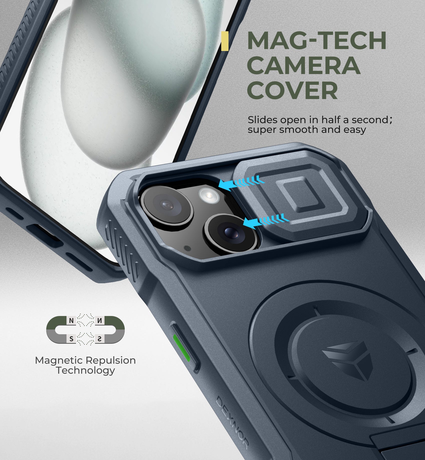 Dexnor Case for iPhone 15 with Slide Camera Cover Adjustable Kickstand Compatible with MagSafe Rugged Shockproof Bumper Heavy-Duty Magnetic Protective Cover