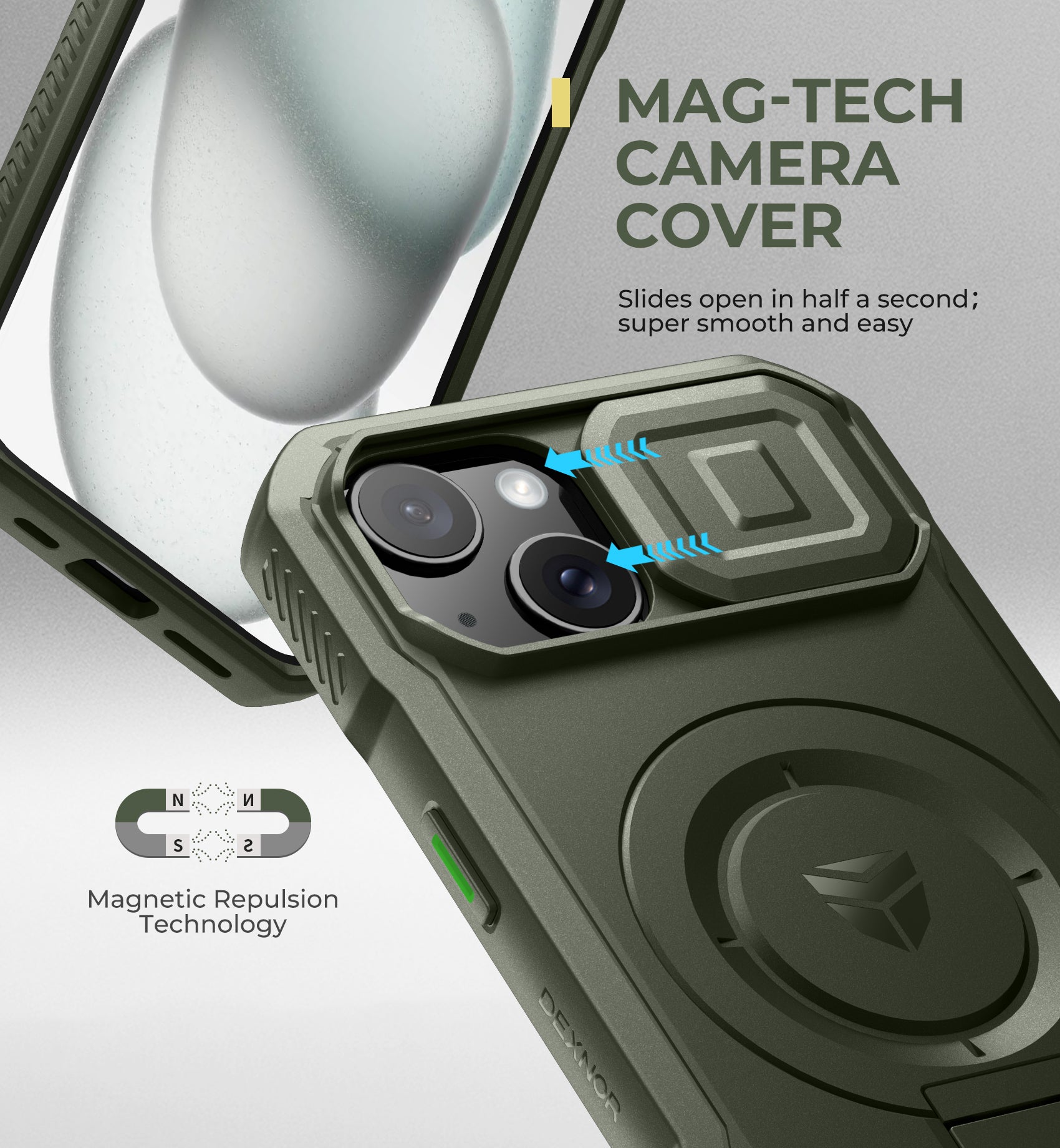 Dexnor Case for iPhone 15 with Slide Camera Cover Adjustable Kickstand Compatible with MagSafe Rugged Shockproof Bumper Heavy-Duty Magnetic Protective Cover