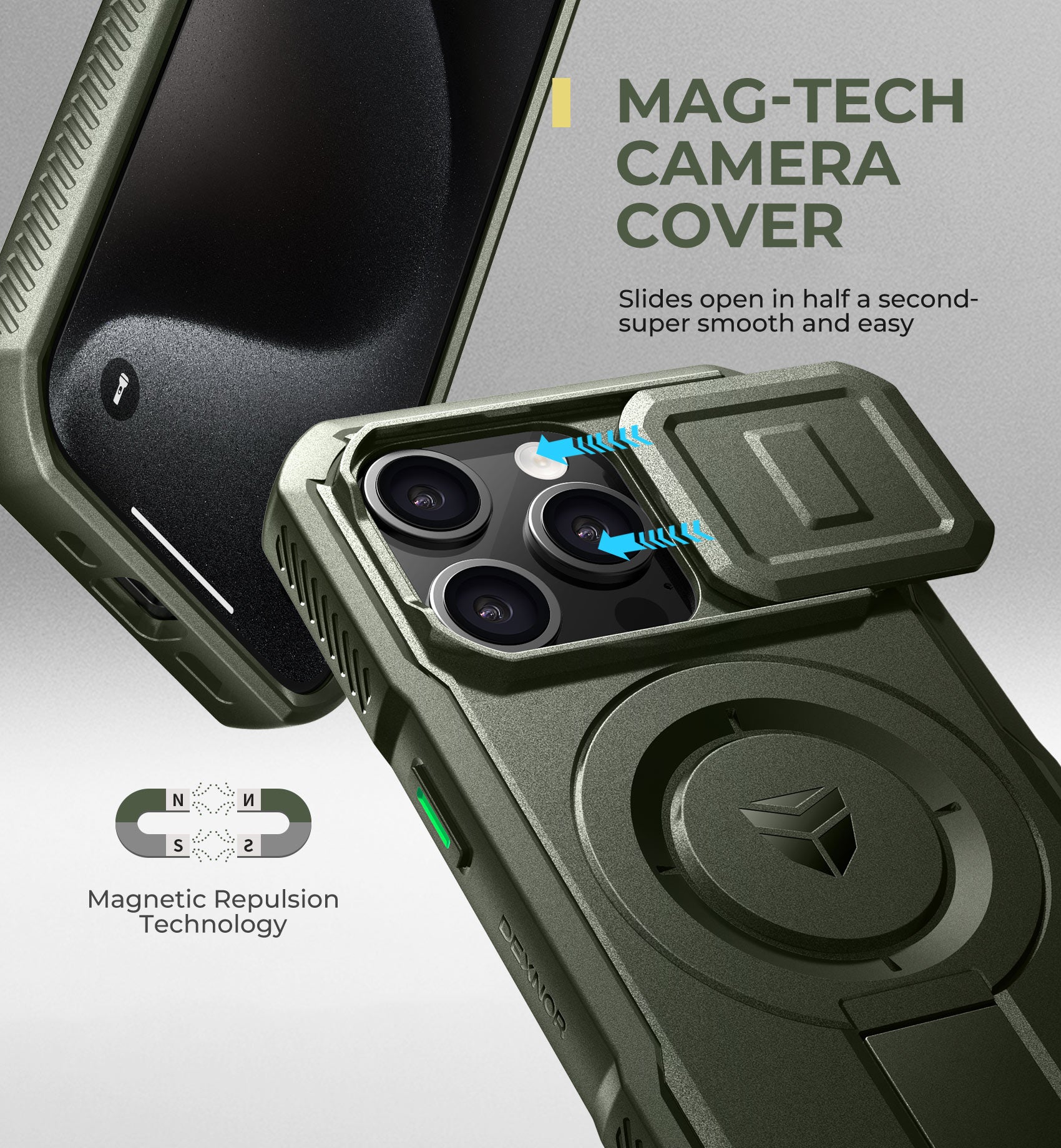 Dexnor Case for iPhone 15 Pro with Slide Camera Cover Adjustable Kickstand Compatible with MagSafe Rugged Shockproof Bumper Heavy-Duty Magnetic Protective Cover 6.1 inch
