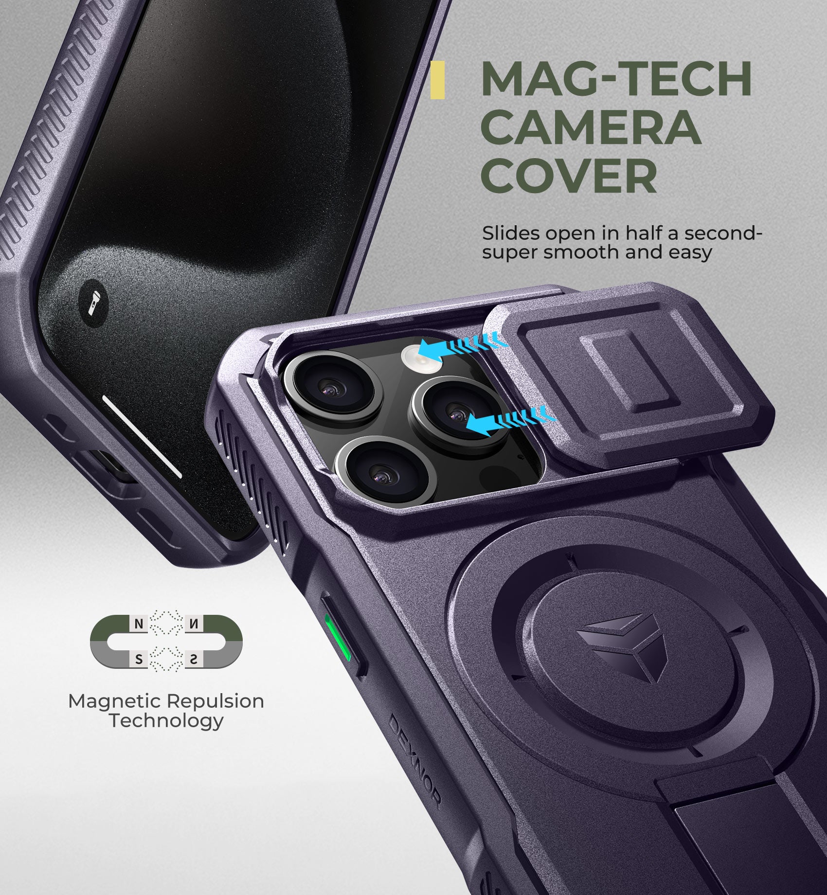 Dexnor Case for iPhone 15 Pro with Slide Camera Cover Adjustable Kickstand Compatible with MagSafe Rugged Shockproof Bumper Heavy-Duty Magnetic Protective Cover 6.1 inch