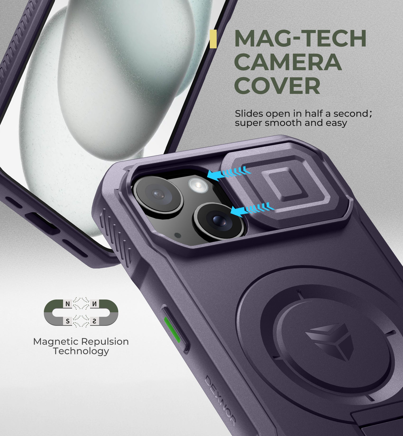 Dexnor Case for iPhone 15 with Slide Camera Cover Adjustable Kickstand Compatible with MagSafe Rugged Shockproof Bumper Heavy-Duty Magnetic Protective Cover