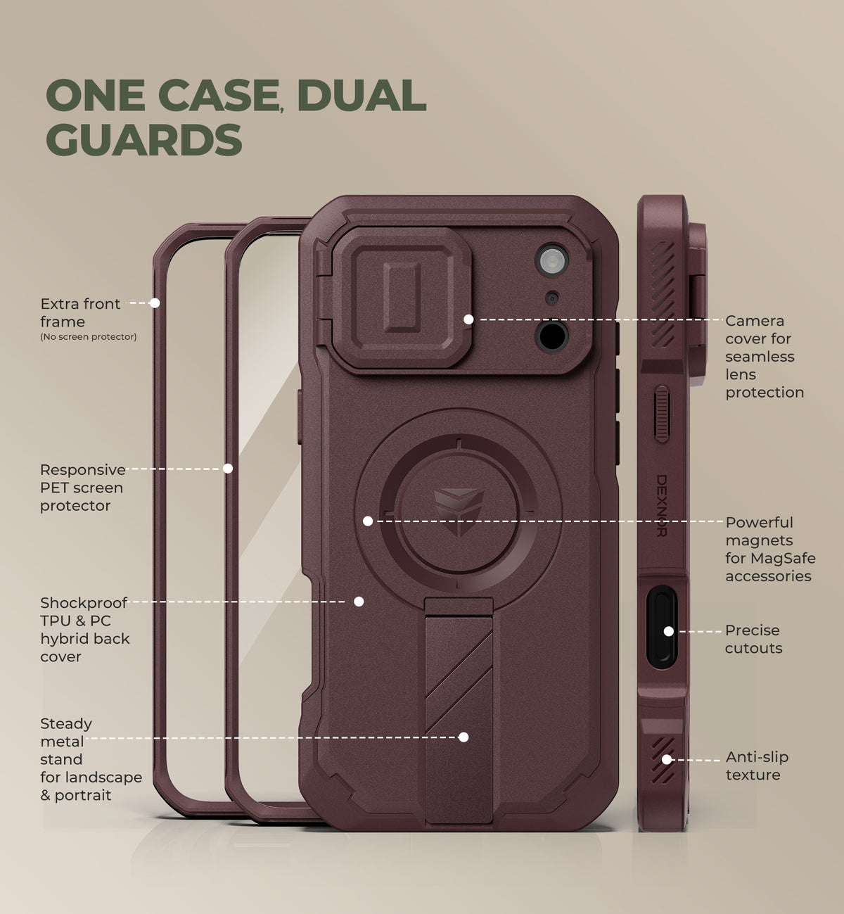 Dexnor Heavy Duty Rugged Case for iPhone 17 Pro Max, 2 Front Frame, Flip Camera Cover, MagSafe Compatible, Screen Protector and Kickstand