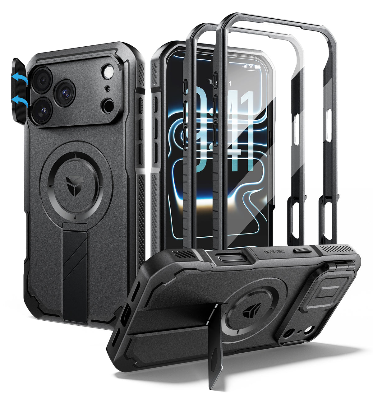 Dexnor Heavy Duty Rugged Case for iPhone 17 Pro Max, 2 Front Frame, Flip Camera Cover, MagSafe Compatible, Screen Protector and Kickstand