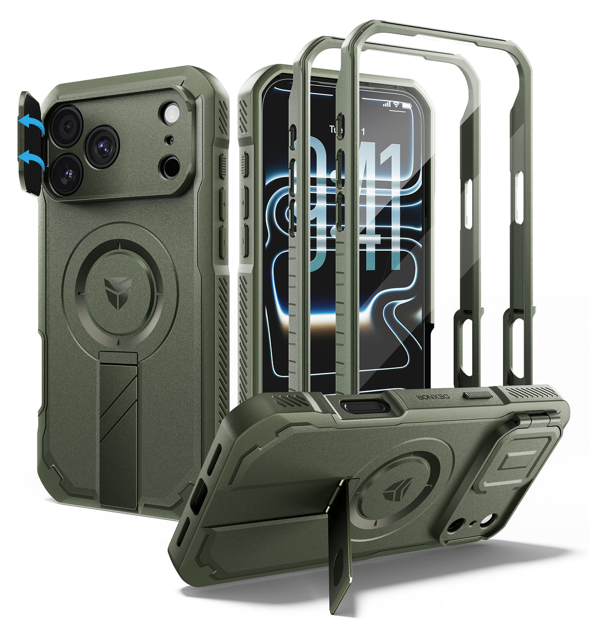 Dexnor Heavy Duty Rugged Case for iPhone 17 Pro Max, 2 Front Frame, Flip Camera Cover, MagSafe Compatible, Screen Protector and Kickstand