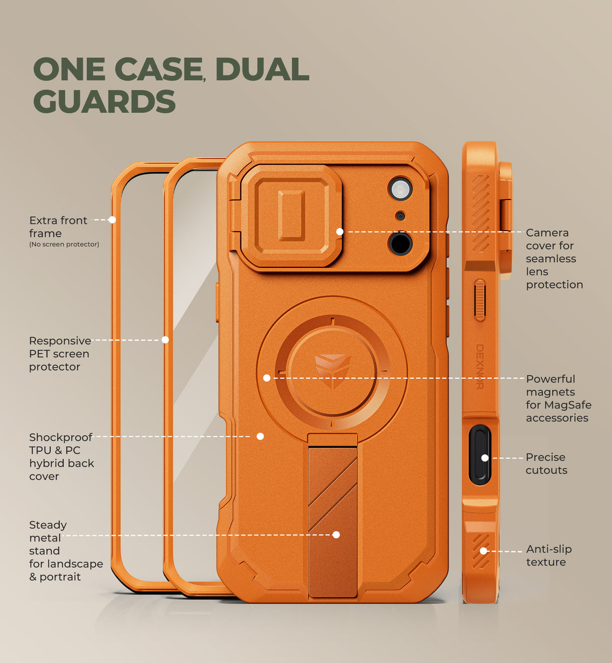 Dexnor Heavy Duty Rugged Case for iPhone 17 Pro Max, 2 Front Frame, Flip Camera Cover, MagSafe Compatible, Screen Protector and Kickstand
