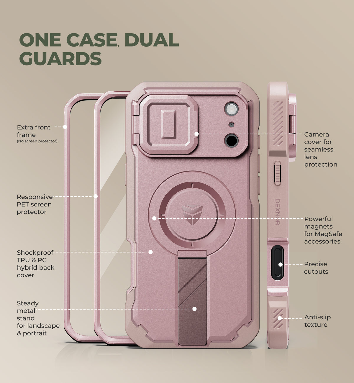 Dexnor Heavy Duty Rugged Case for iPhone 17 Pro Max, 2 Front Frame, Flip Camera Cover, MagSafe Compatible, Screen Protector and Kickstand