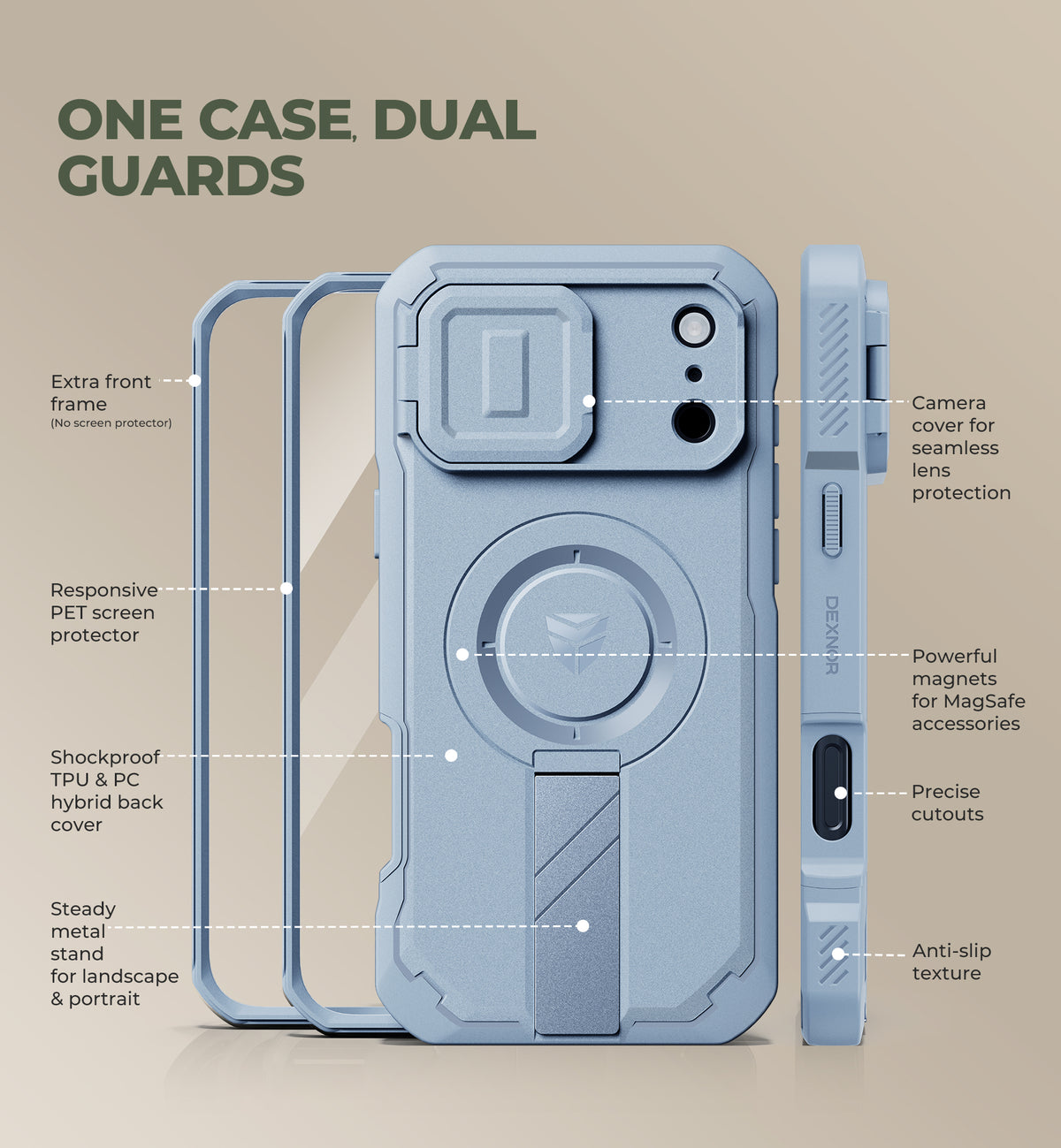 Dexnor Heavy Duty Rugged Case for iPhone 17 Pro Max, 2 Front Frame, Flip Camera Cover, MagSafe Compatible, Screen Protector and Kickstand