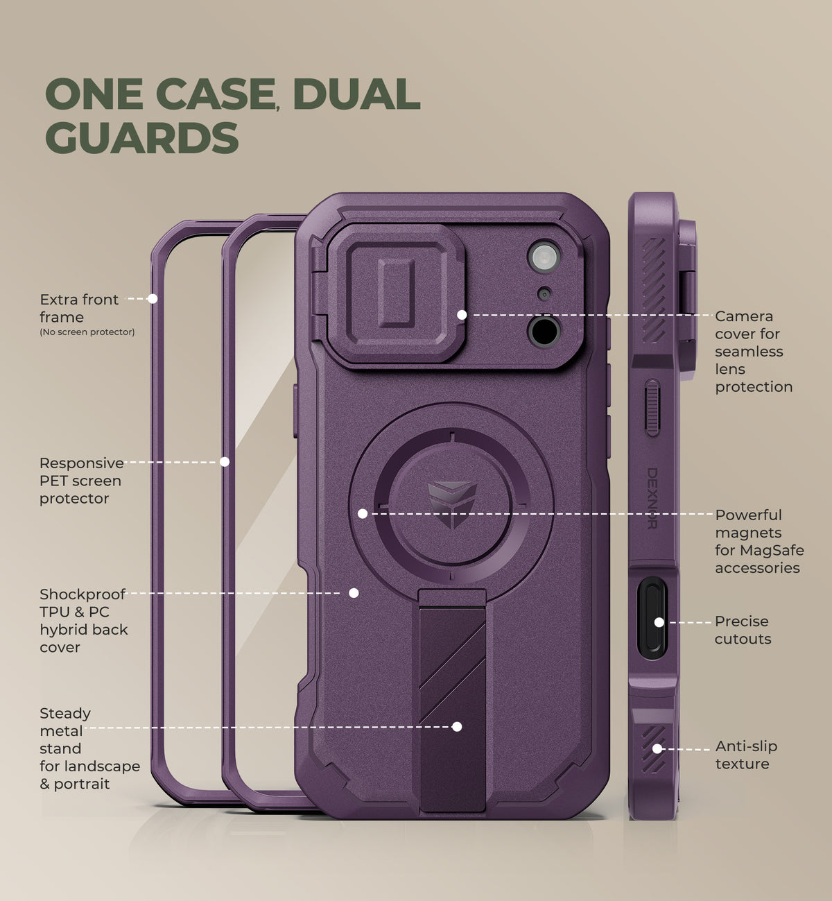 Dexnor Heavy Duty Rugged Case for iPhone 17 Pro Max, 2 Front Frame, Flip Camera Cover, MagSafe Compatible, Screen Protector and Kickstand