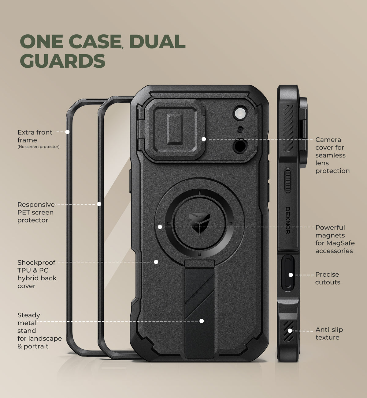Dexnor Heavy Duty Rugged Case for iPhone 18 Pro Max, 2 Front Frame, Flip Camera Cover, MagSafe Compatible, Screen Protector and Kickstand