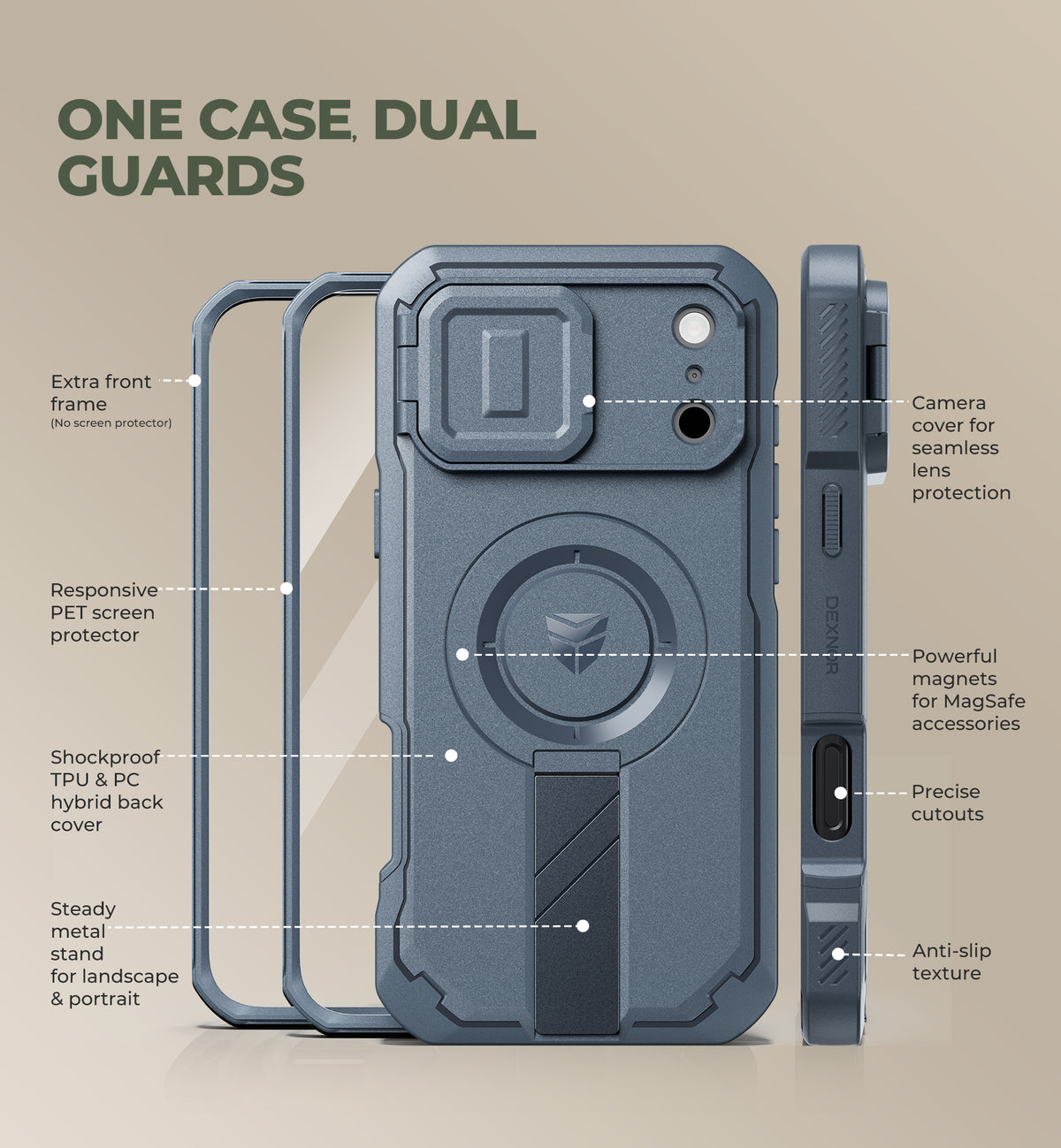 Dexnor Heavy Duty Rugged Case for iPhone 18 Pro Max, 2 Front Frame, Flip Camera Cover, MagSafe Compatible, Screen Protector and Kickstand