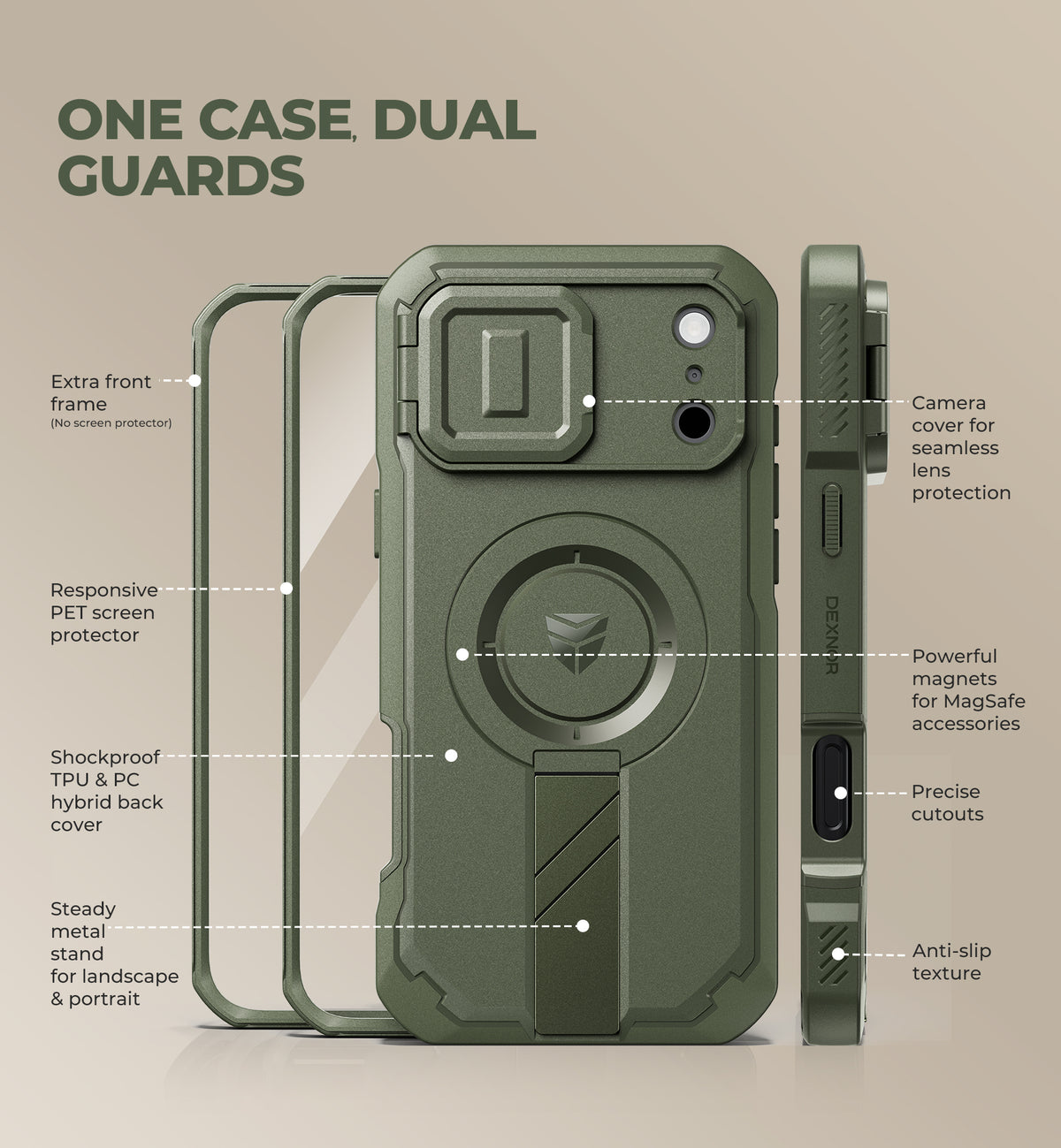 Dexnor Heavy Duty Rugged Case for iPhone 18 Pro Max, 2 Front Frame, Flip Camera Cover, MagSafe Compatible, Screen Protector and Kickstand