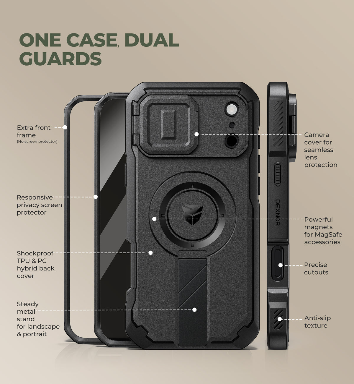 Dexnor Heavy Duty Rugged Case for iPhone 18 Pro Max, 2 Front Frame, Flip Camera Cover, MagSafe Compatible, Screen Protector and Kickstand