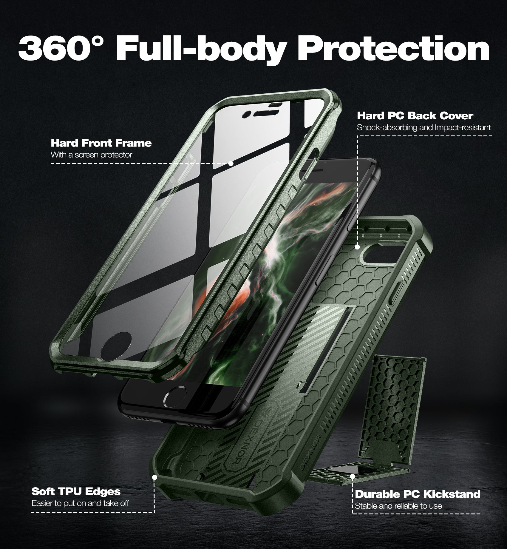Dexnor Case for iPhone SE 2020 2nd Gen Built in Screen Protecto Kickstand Heavy Duty Military Grade Protection
