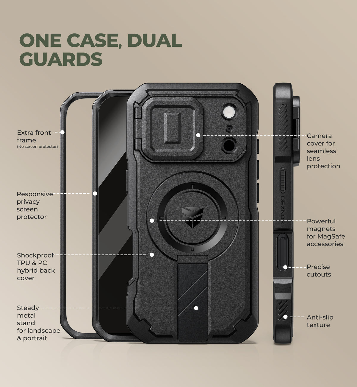 Dexnor Heavy Duty Rugged Case for iPhone 17 Pro, 2 Front Frame, Flip Camera Cover, MagSafe Compatible, Screen Protector and Kickstand