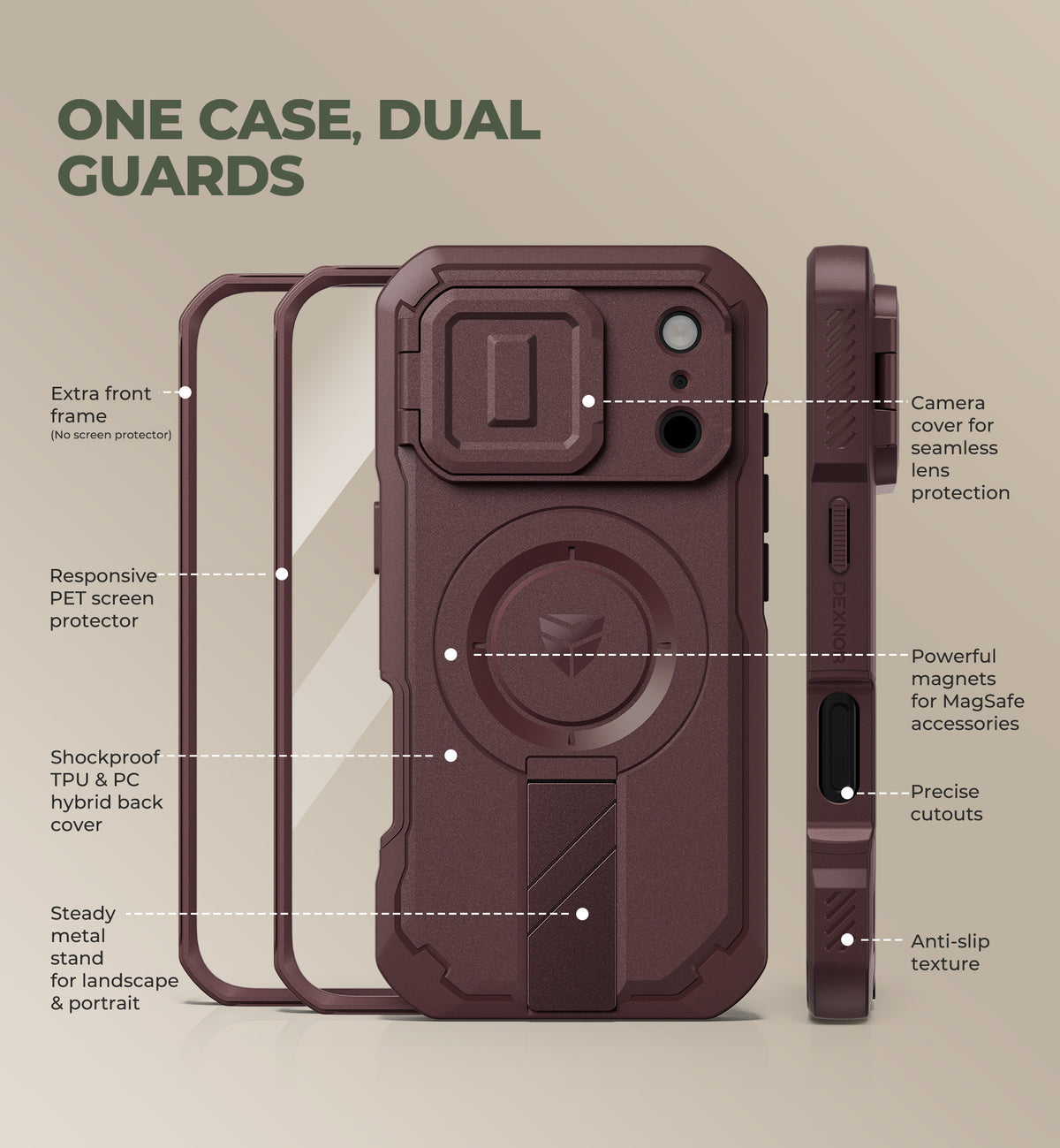 Dexnor Heavy Duty Rugged Case for iPhone 17 Pro, 2 Front Frame, Flip Camera Cover, MagSafe Compatible, Screen Protector and Kickstand
