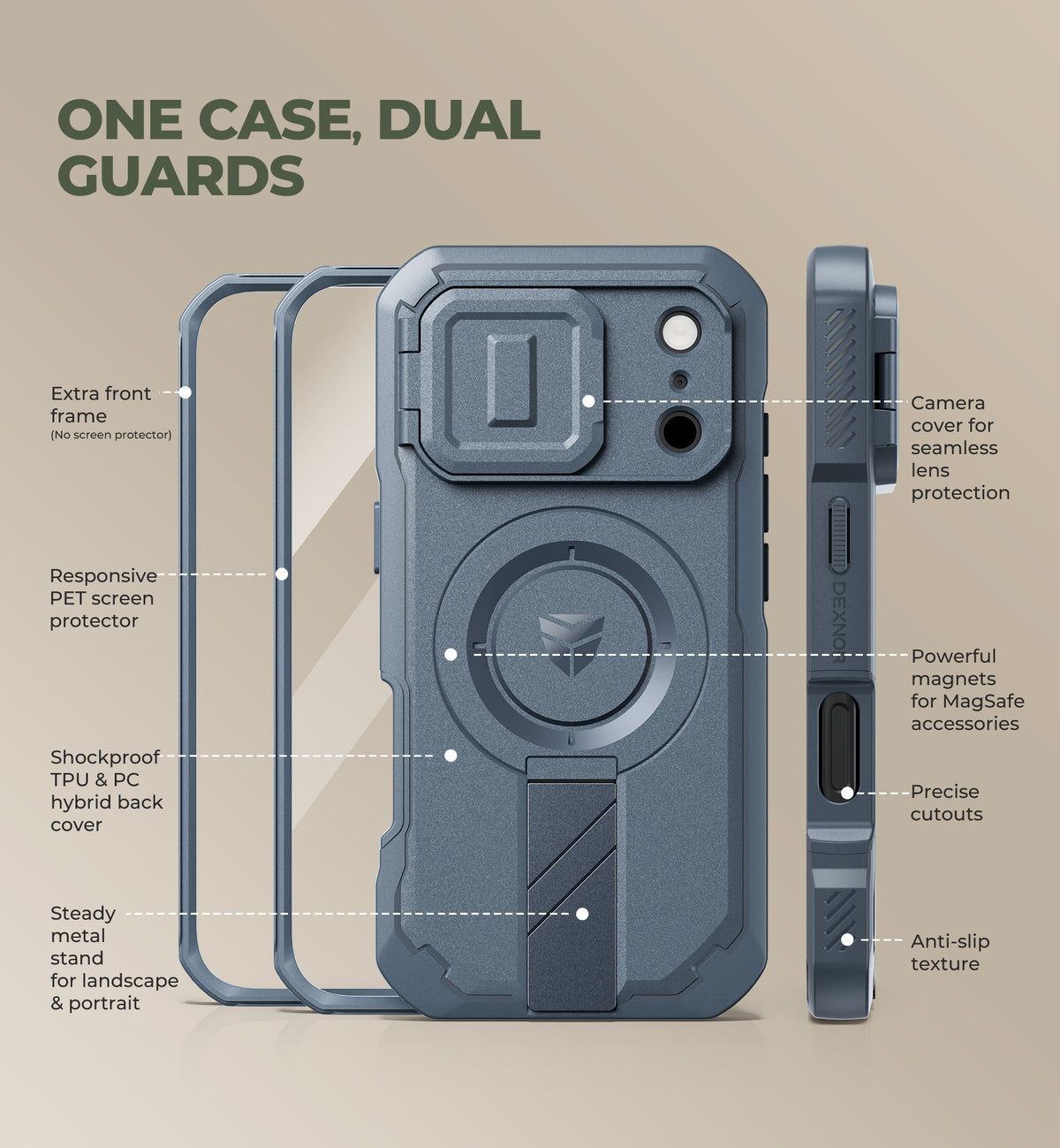 Dexnor Heavy Duty Rugged Case for iPhone 18 Pro, 2 Front Frame, Flip Camera Cover, MagSafe Compatible, Screen Protector and Kickstand