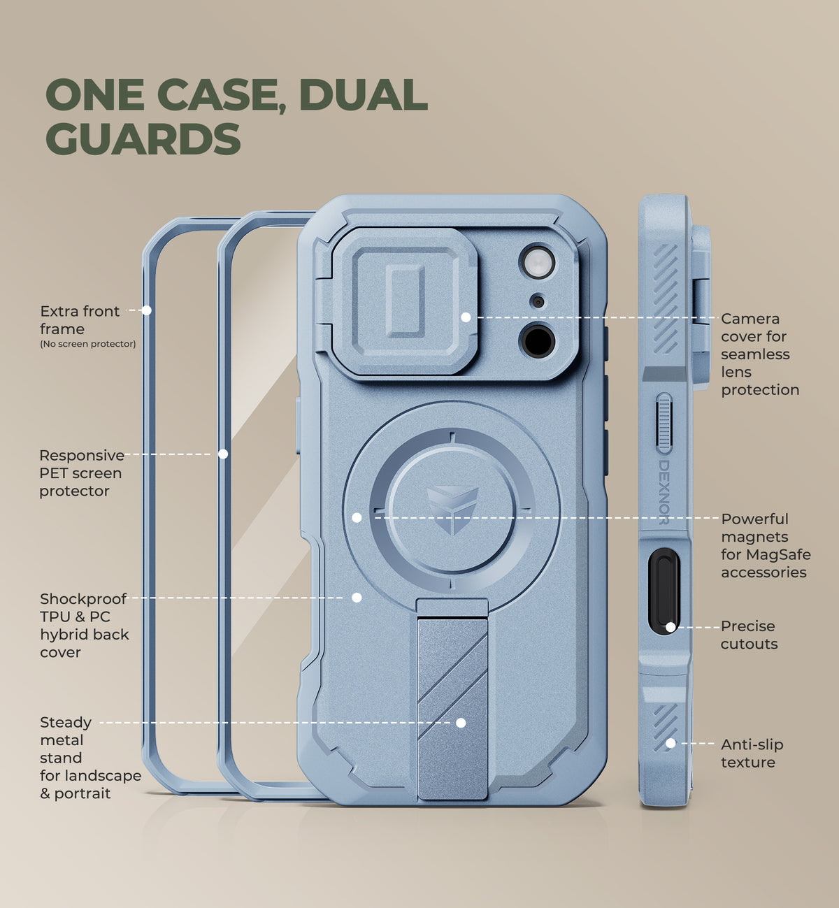 Dexnor Heavy Duty Rugged Case for iPhone 18 Pro, 2 Front Frame, Flip Camera Cover, MagSafe Compatible, Screen Protector and Kickstand