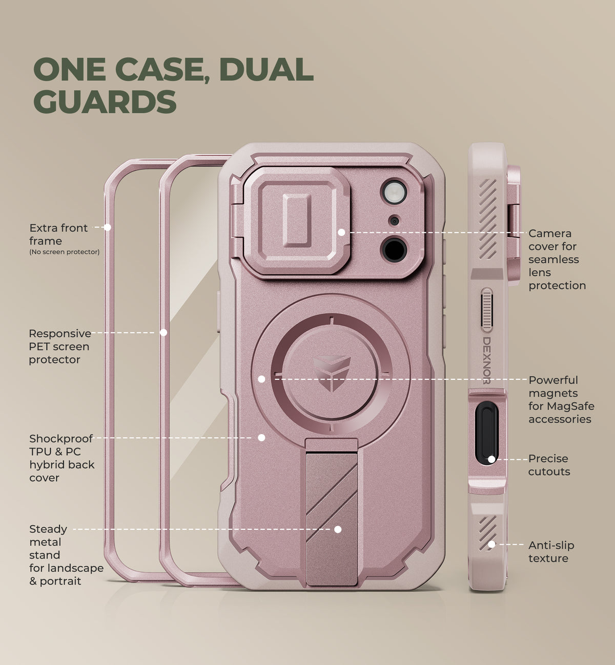 Dexnor Heavy Duty Rugged Case for iPhone 18 Pro, 2 Front Frame, Flip Camera Cover, MagSafe Compatible, Screen Protector and Kickstand