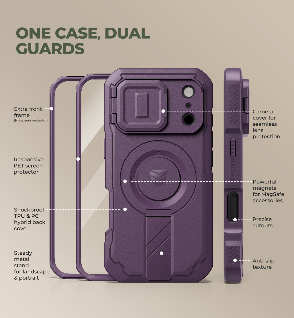 Dexnor Heavy Duty Rugged Case for iPhone 18 Pro, 2 Front Frame, Flip Camera Cover, MagSafe Compatible, Screen Protector and Kickstand