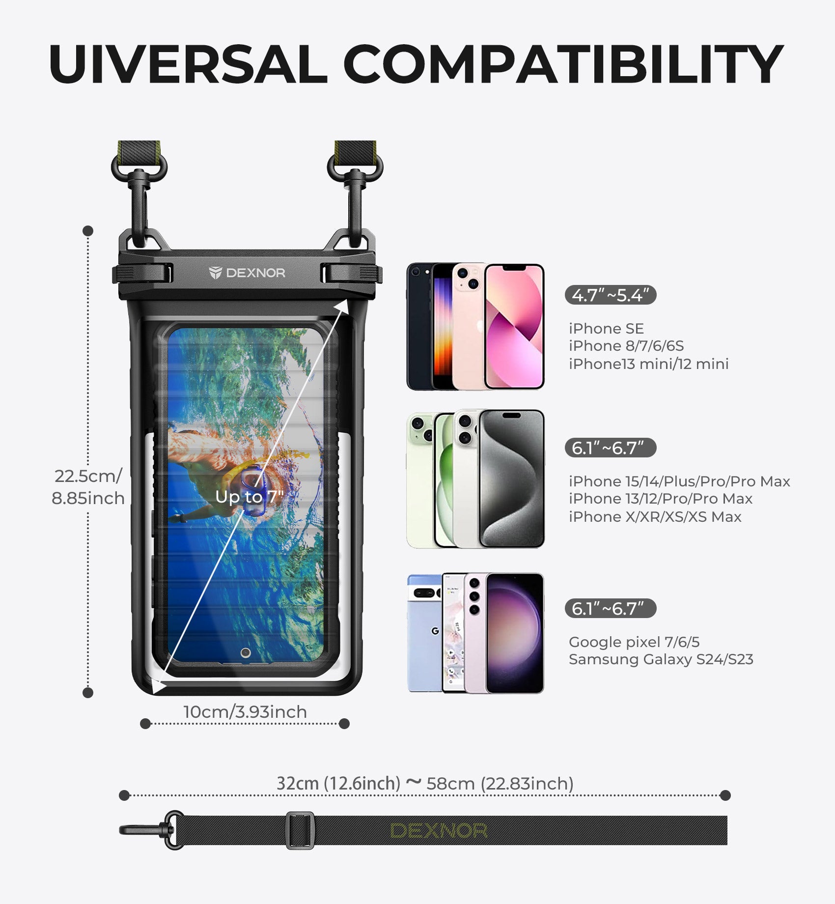 Dexnor IP68 Waterproof Phone Pouch Universal 3D Cellphone Dry Bag Case with Adjustable Double-Hook Lanyard for iPhone 15 14 13 12 Pro Max XS Plus Samsung Galaxy S24 S23 Cell Phone Up to 7.0 inch