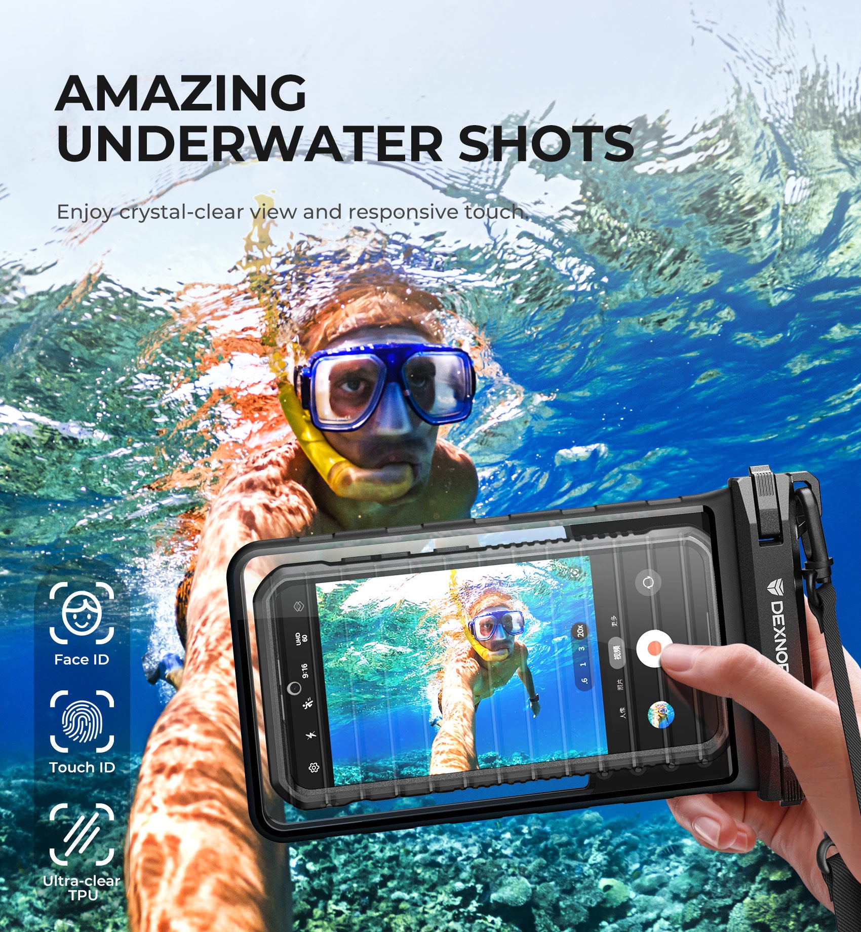 Dexnor IP68 Waterproof Phone Pouch Universal 3D Cellphone Dry Bag Case with Adjustable Double-Hook Lanyard for iPhone 15 14 13 12 Pro Max XS Plus Samsung Galaxy S24 S23 Cell Phone Up to 7.0 inch