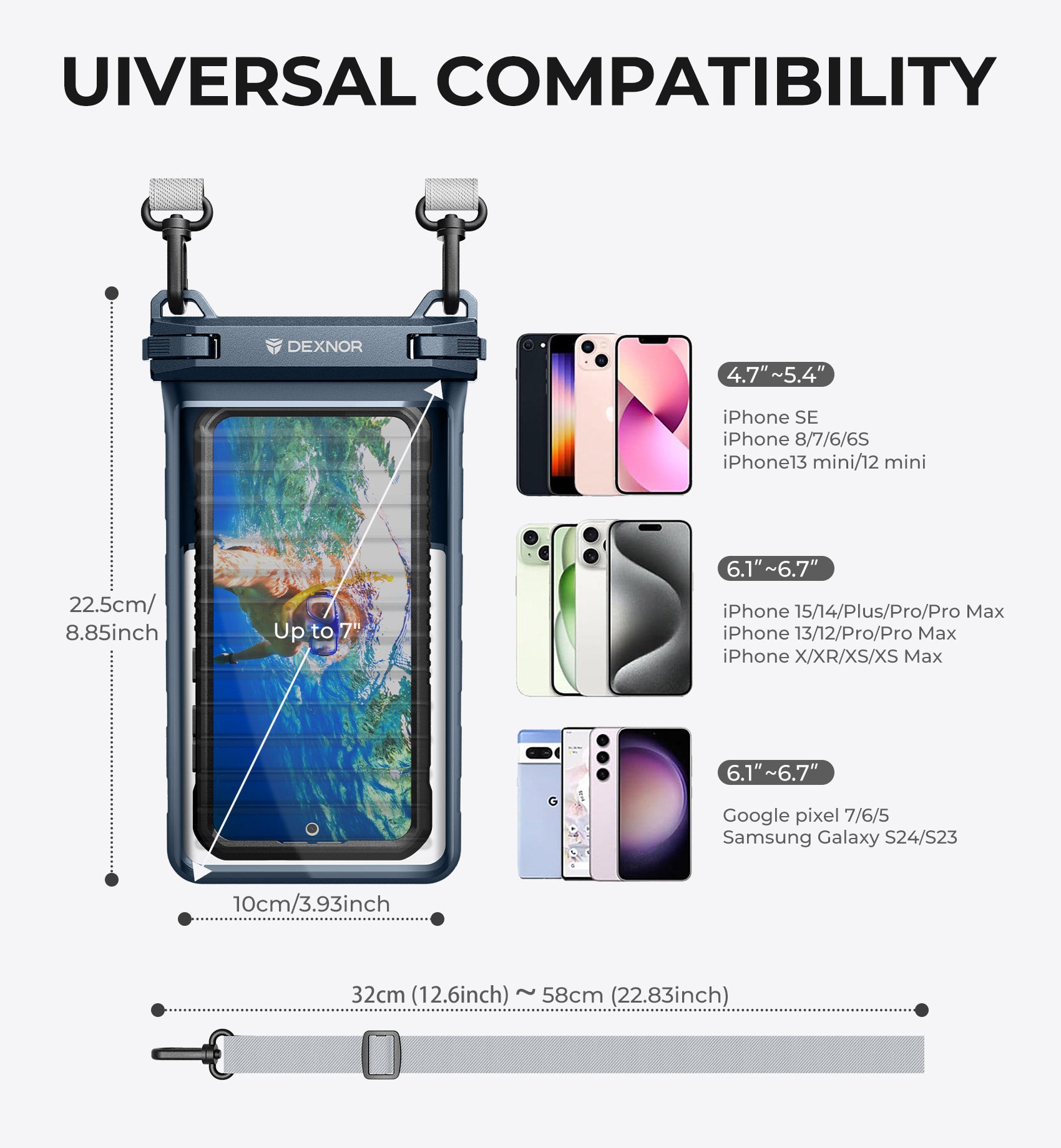 Dexnor IP68 Waterproof Phone Pouch Universal 3D Cellphone Dry Bag Case with Adjustable Double-Hook Lanyard for iPhone 15 14 13 12 Pro Max XS Plus Samsung Galaxy S24 S23 Cell Phone Up to 7.0 inch