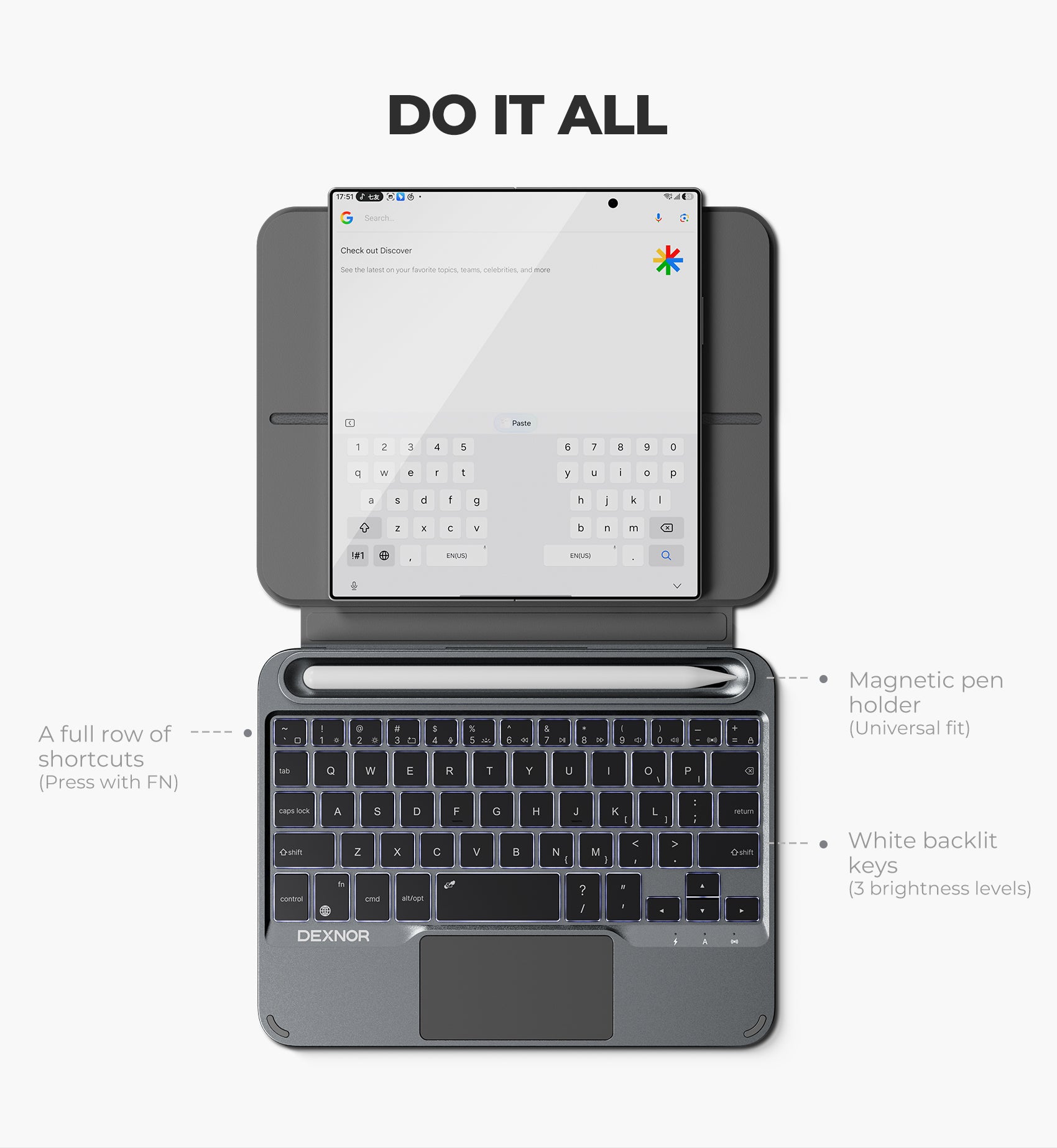 Dexnor Keyboard Case for Samsung Galaxy Z Fold 7/6/5 Portable Compact Mini Bluetooth Keyboard with Adjustable Stand Touchpad Pen Holder Backlight for 4.7"-11" Phones/iOS/Android/iPad mini