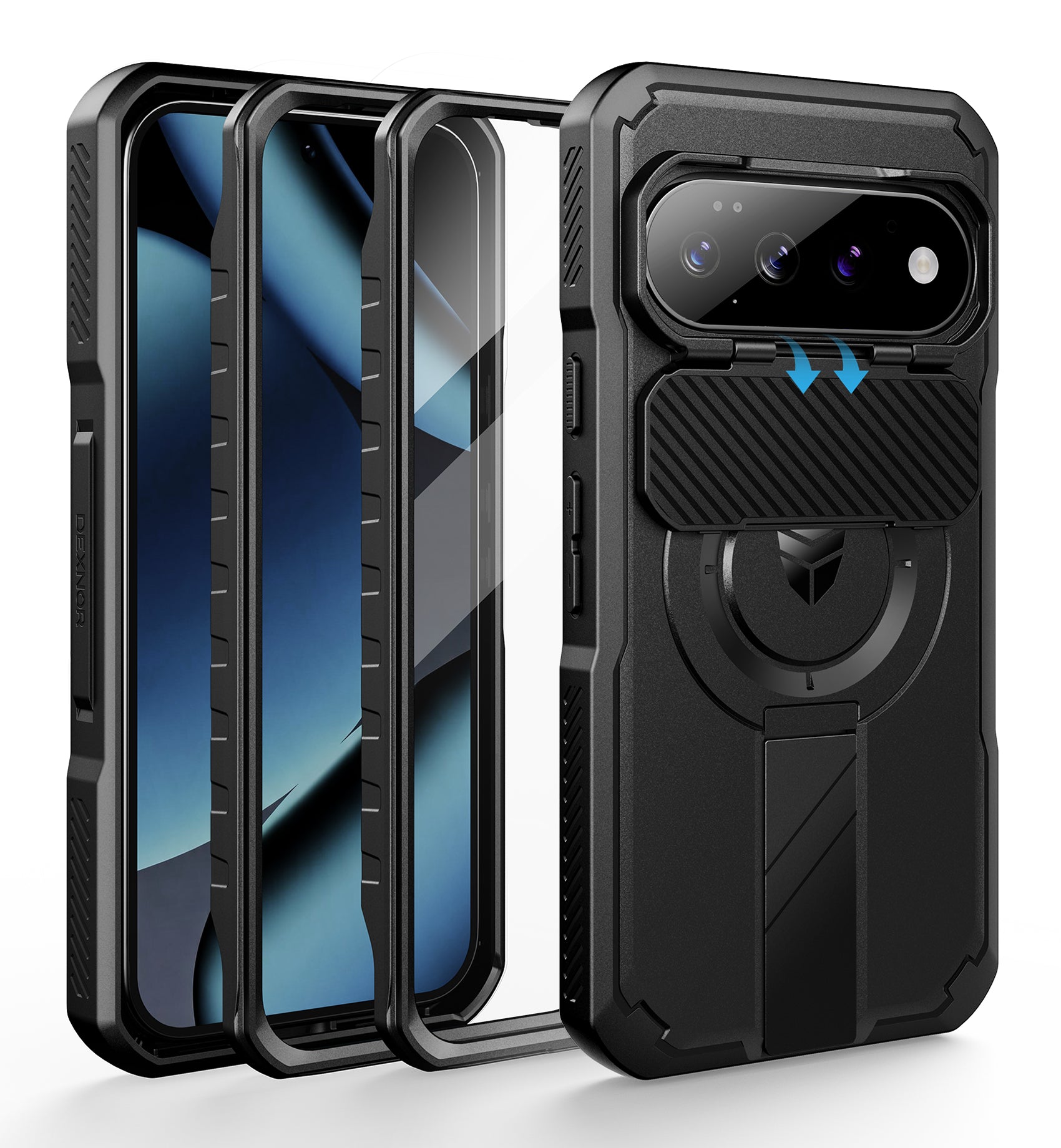 Dexnor Case for Google Pixel 10 Pro with Flip Camera Cover 2 Front Frames Built-in Screen Protector Kickstand Full-Body Shockproof Protective Cover Rugged Bumper Cases 2026