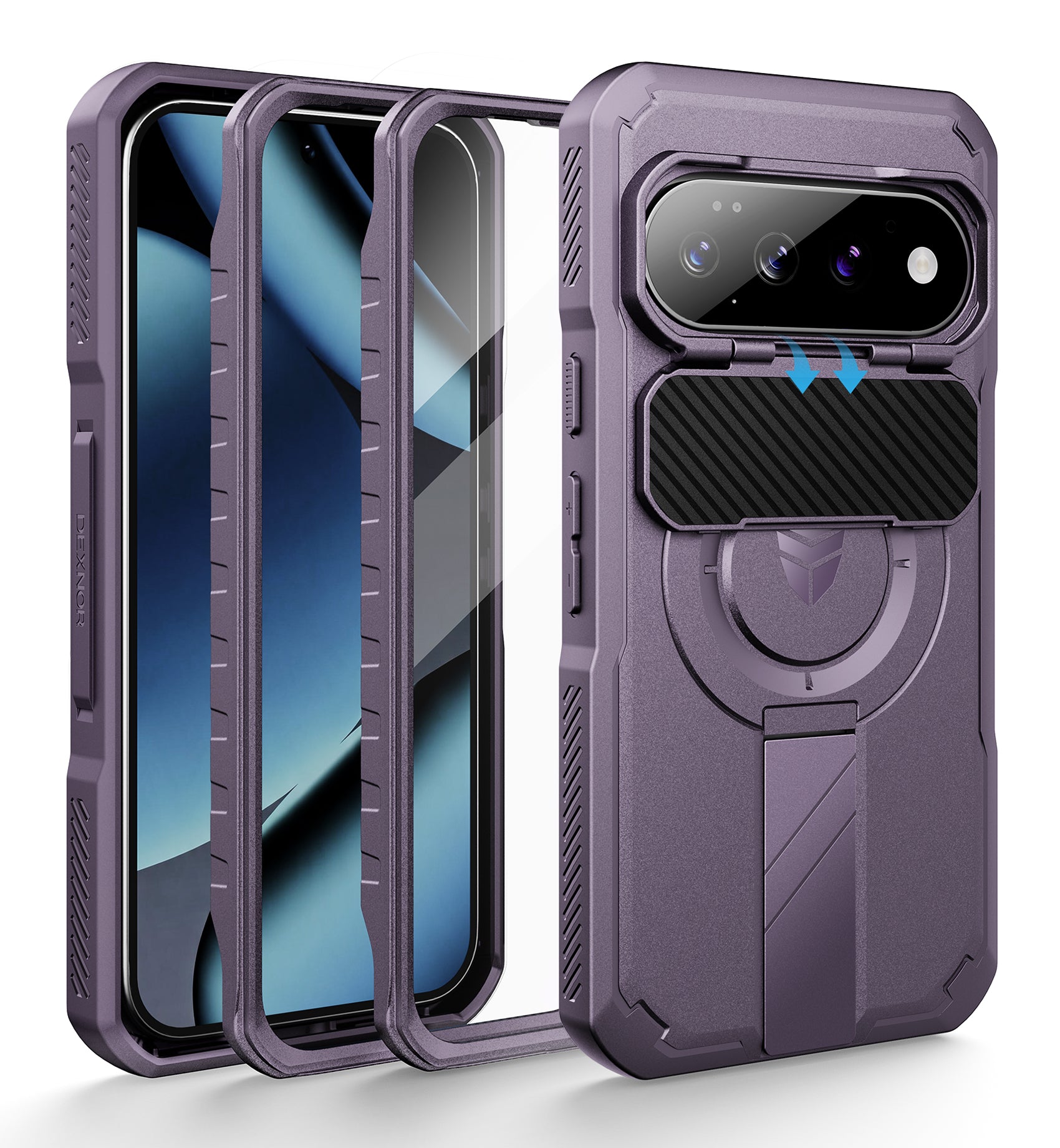 Dexnor Case for Google Pixel 10 Pro with Flip Camera Cover 2 Front Frames Built-in Screen Protector Kickstand Full-Body Shockproof Protective Cover Rugged Bumper Cases 2026
