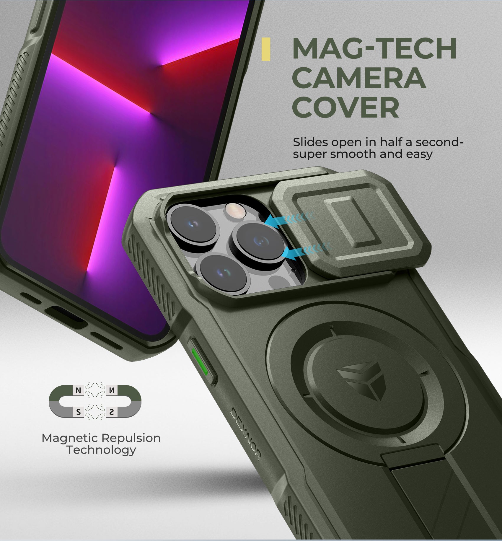 Dexnor Case for iPhone 13 Pro with Slide Camera Cover Adjustable Kickstand Compatible with MagSafe Rugged Shockproof Bumper Heavy-Duty Magnetic Protective Cover