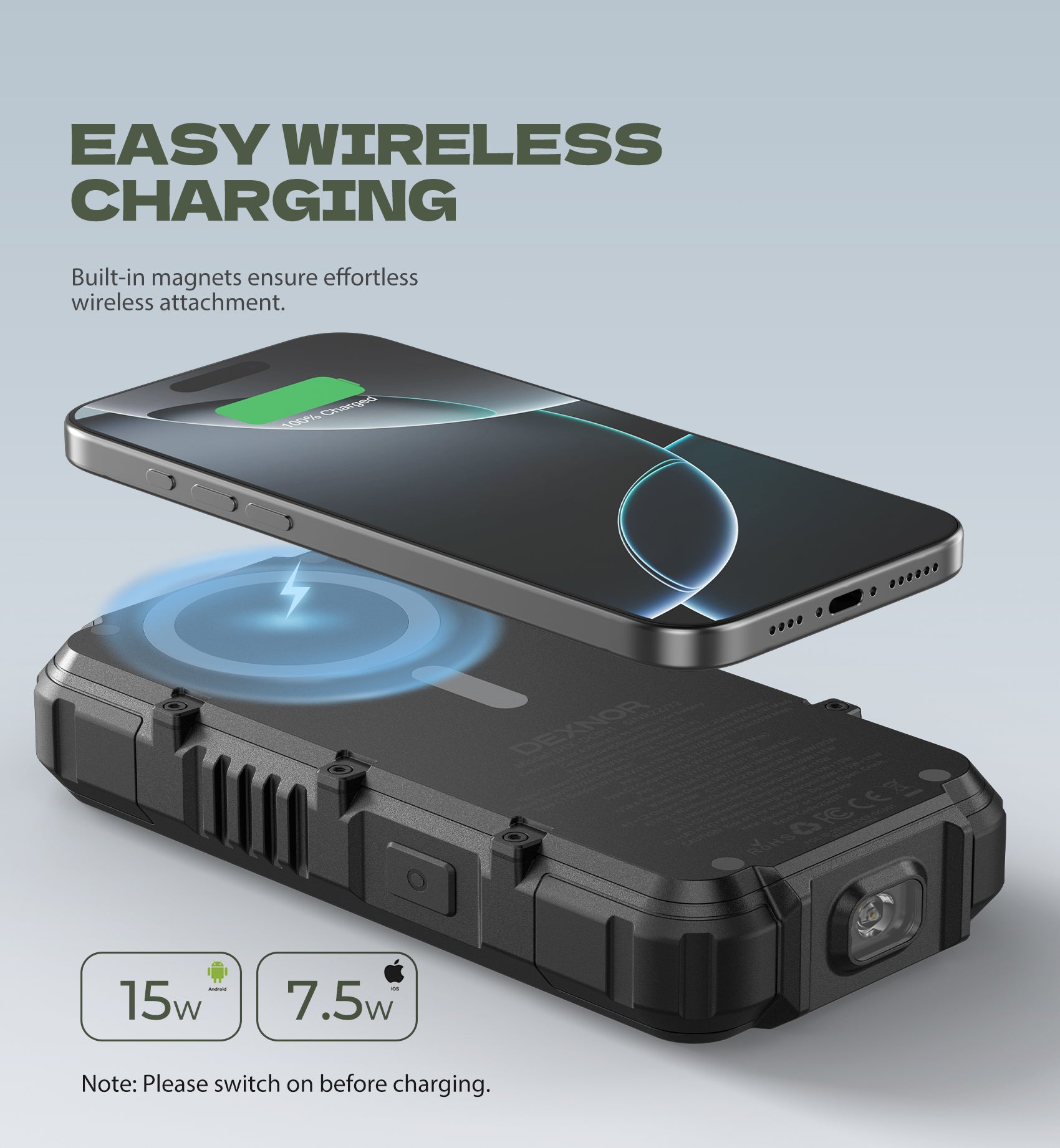 Dexnor Solar Charger Power Bank 27,000mAh, 65W PD3.0 Fast Charging Powerbank Wireless Chargers Flashlight and Carabiner MagSafe