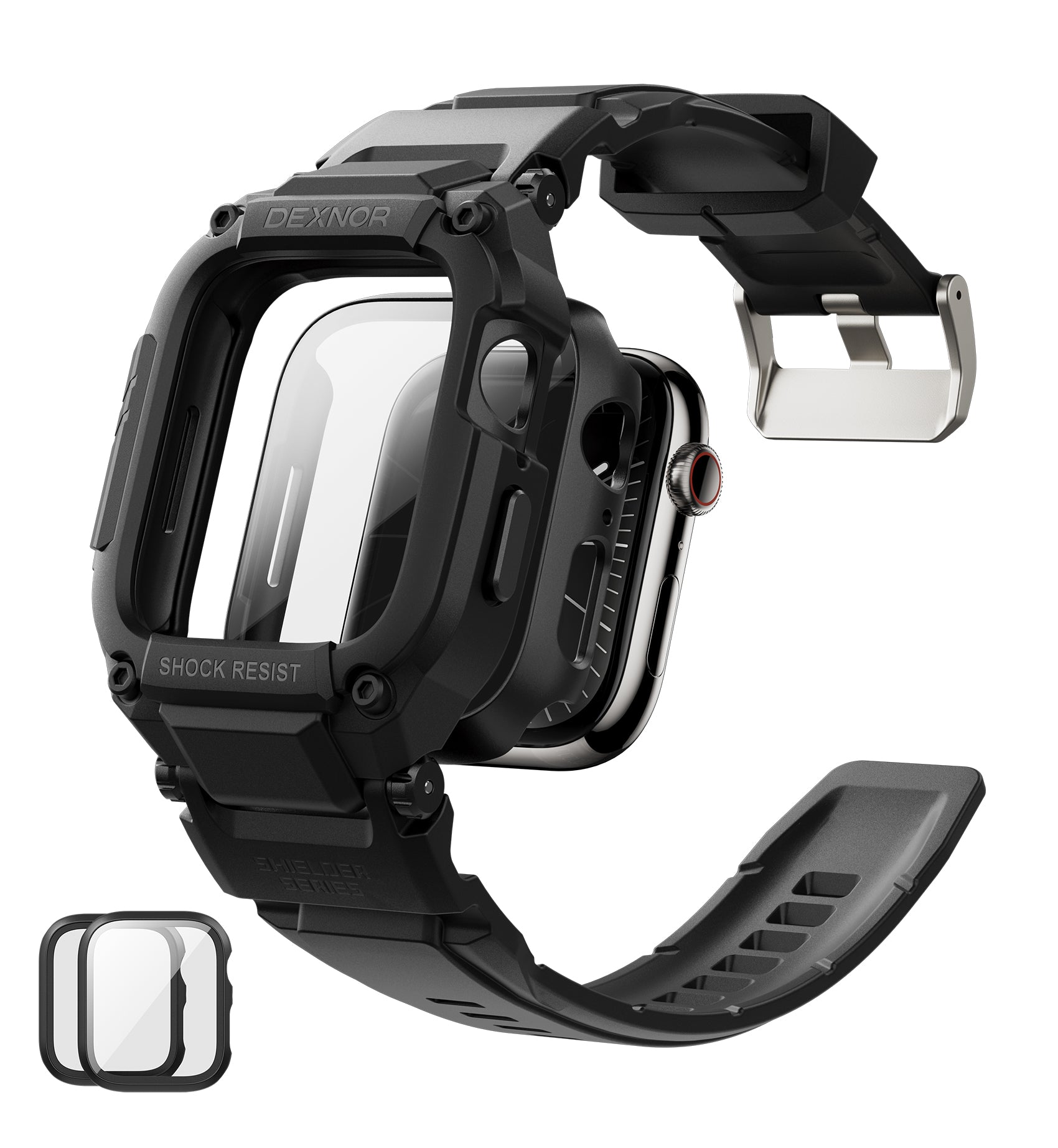 Dexnor Watch Band with Case for Apple Watch Series 9 45mm Series 8 45mm Series 7 45mm Built-in 2 Sets Tempered Glass Screen Protector Snap-on Cover with Band