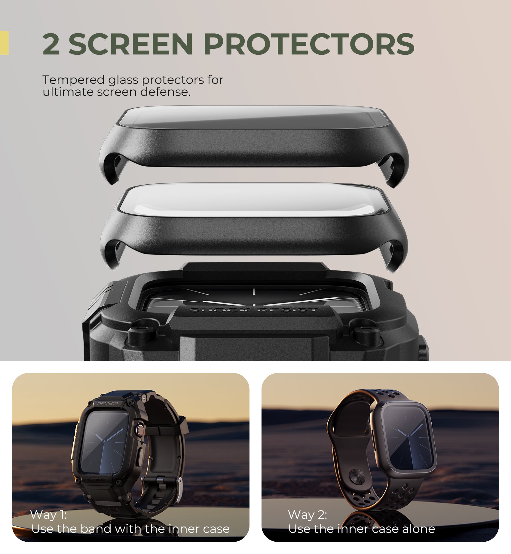 Dexnor Watch Band with Case for Apple Watch Series 9 45mm Series 8 45mm Series 7 45mm Built-in 2 Sets Tempered Glass Screen Protector Snap-on Cover with Band