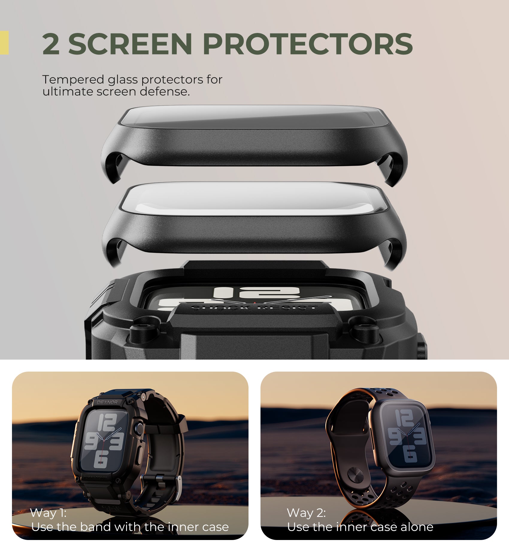 Dexnor Watch Band with Case for Apple Watch Series SE2 44mm Series SE 44mm Series 6 44mm Series 5 44mm Series 4 44mm  Built-in 2 Sets Tempered Glass Screen Protector Snap-on Cover with Band