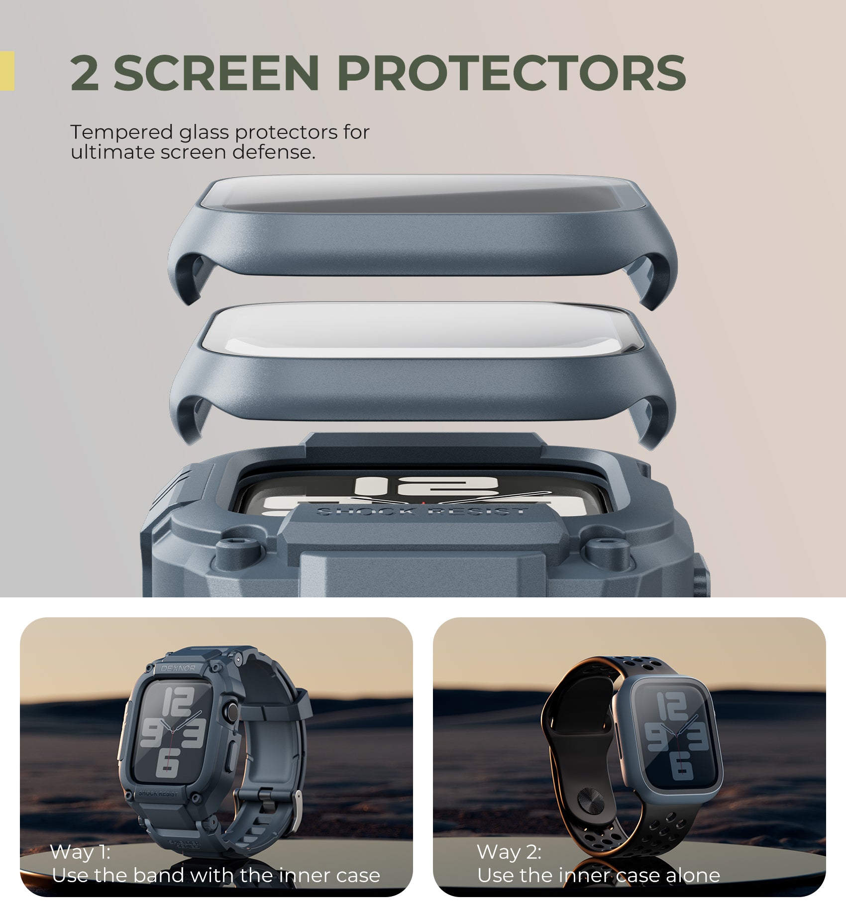 Dexnor Watch Band with Case for Apple Watch Series SE2 44mm Series SE 44mm Series 6 44mm Series 5 44mm Series 4 44mm  Built-in 2 Sets Tempered Glass Screen Protector Snap-on Cover with Band