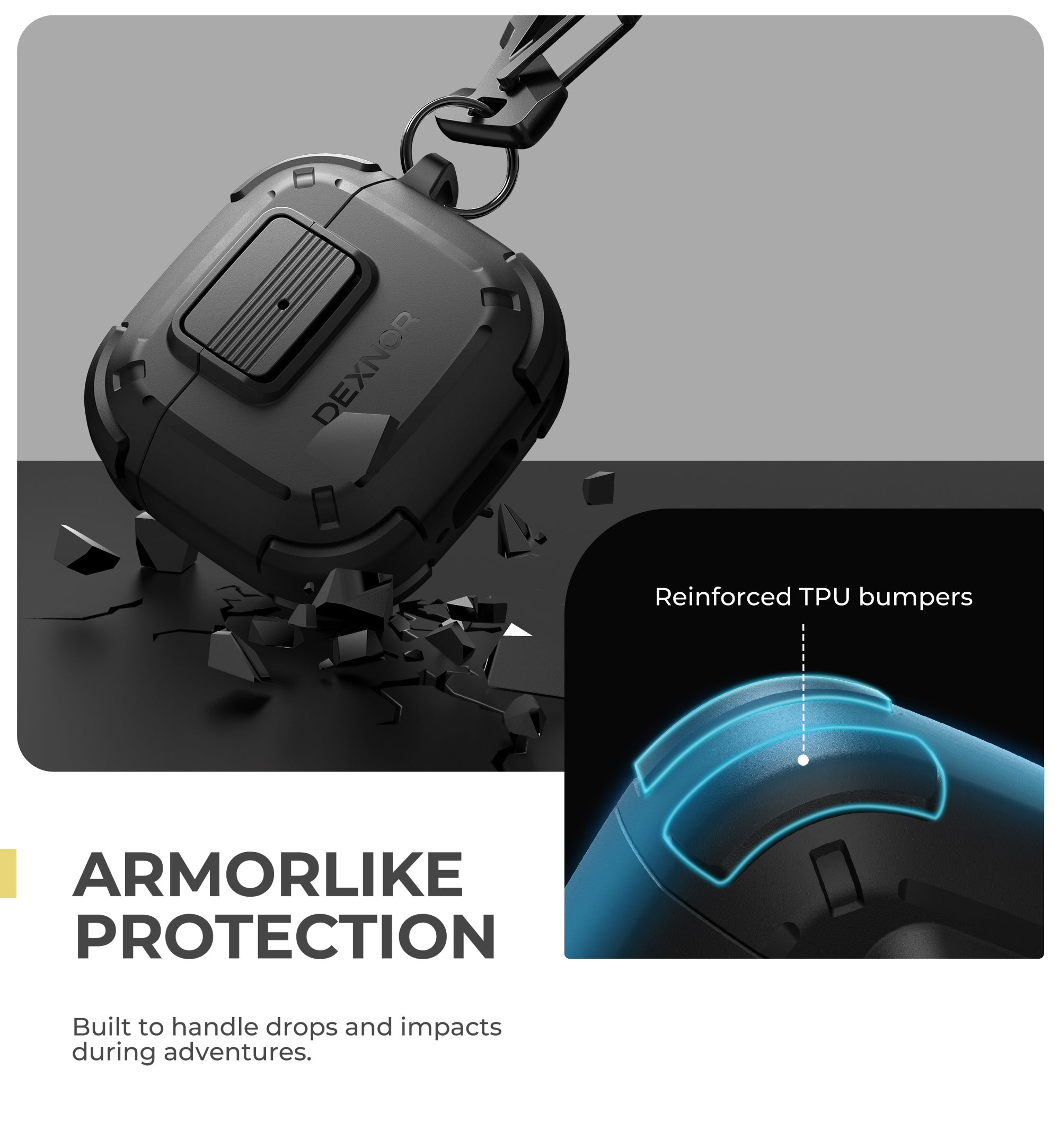 Dexnor Case for AirPods 4th Generation 2024  with Drop-Proof Lock Shockproof Rugged Bumper Cases Carabiner & Keyring & Cleaner Kit  Black