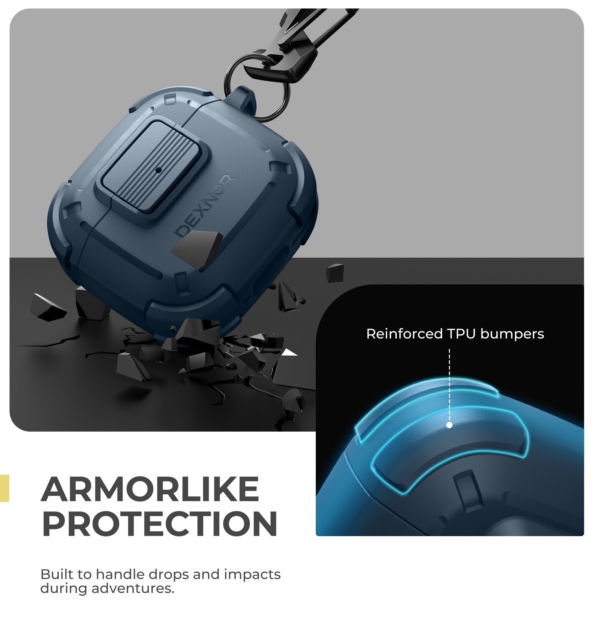 Dexnor Case for AirPods 4th Generation 2024  with Drop-Proof Lock Shockproof Rugged Bumper Cases Carabiner & Keyring & Cleaner Kit  Black