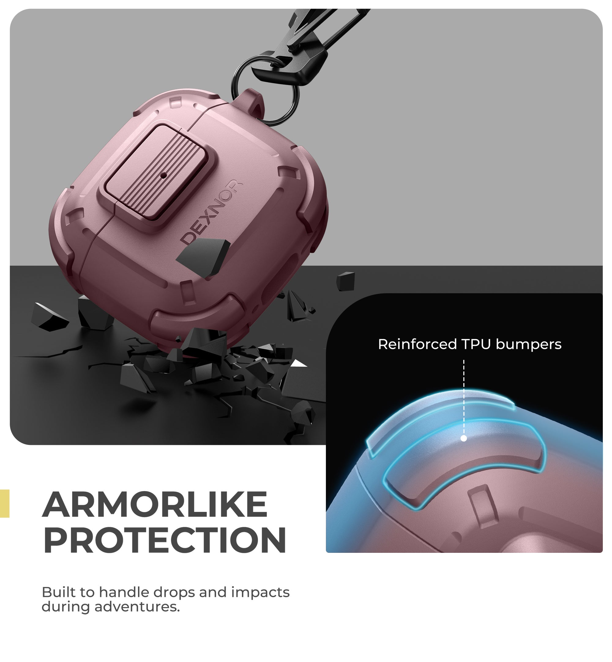 Dexnor Case for AirPods 4th Generation 2024  with Drop-Proof Lock Shockproof Rugged Bumper Cases Carabiner & Keyring & Cleaner Kit  Black