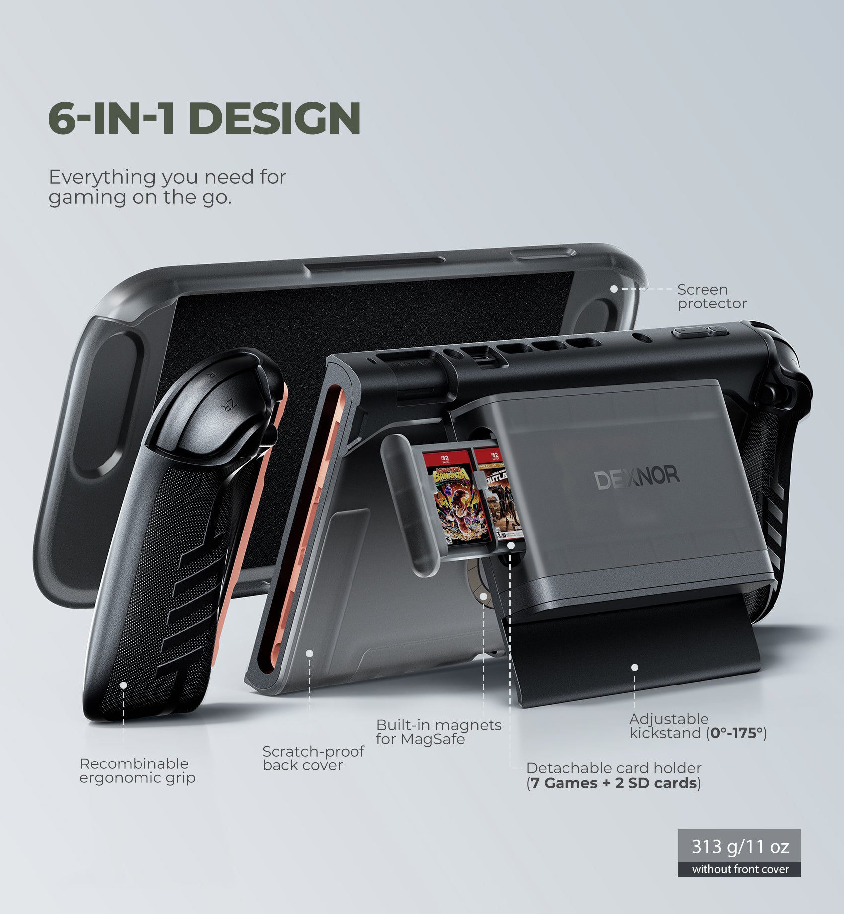 Dexnor Case for Nintendo Switch 2nd Gen 2025 Dockable Cover with Transformable Grip Detachable Magnetic Card Holder 5 Games 2 SD Card Storage Adjustable Kickstand Front Cover Ergonomic Design