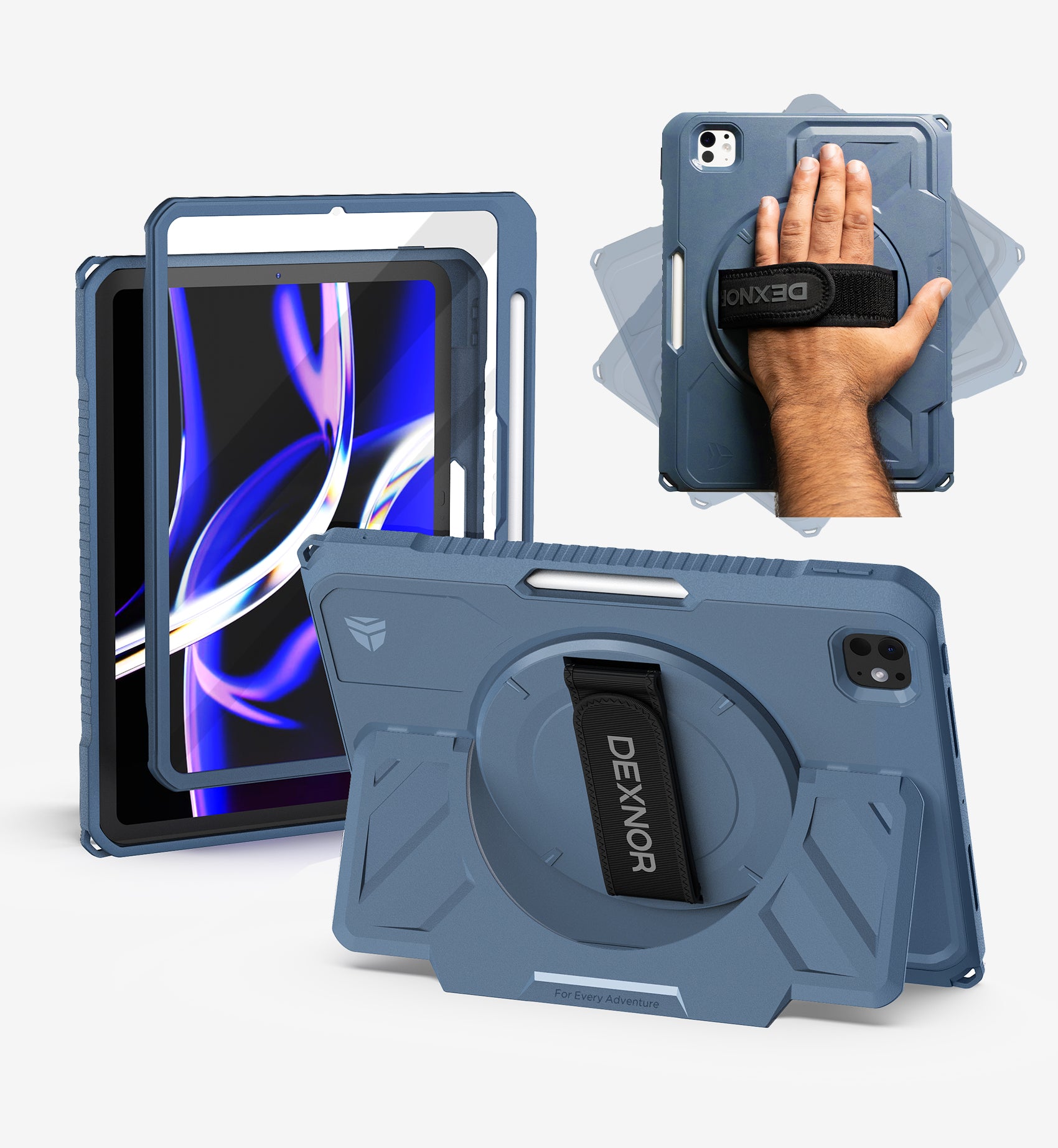 Dexnor Tablet Case for iPad Pro 11 inch M5 2025/M4 2024, Rugged with 360° Rotating Hand Strap Screen Protector Pencil Holder Shockproof Full-Body Cover