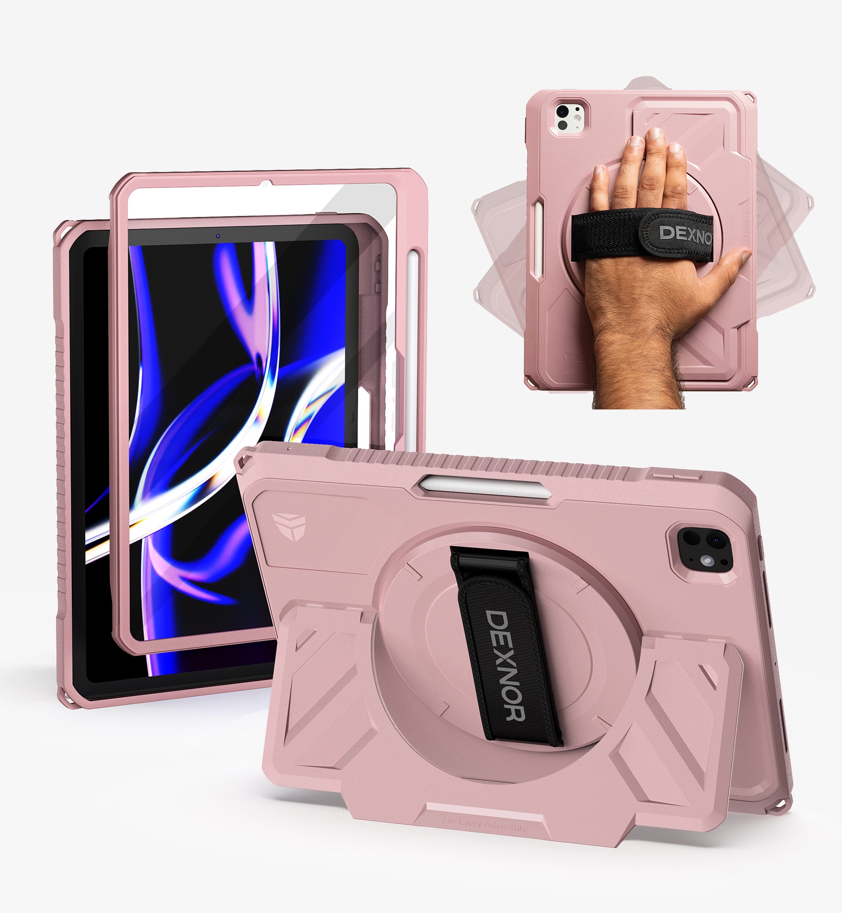 Dexnor Tablet Case for iPad Pro 11 inch M5 2025/M4 2024, Rugged with 360° Rotating Hand Strap Screen Protector Pencil Holder Shockproof Full-Body Cover