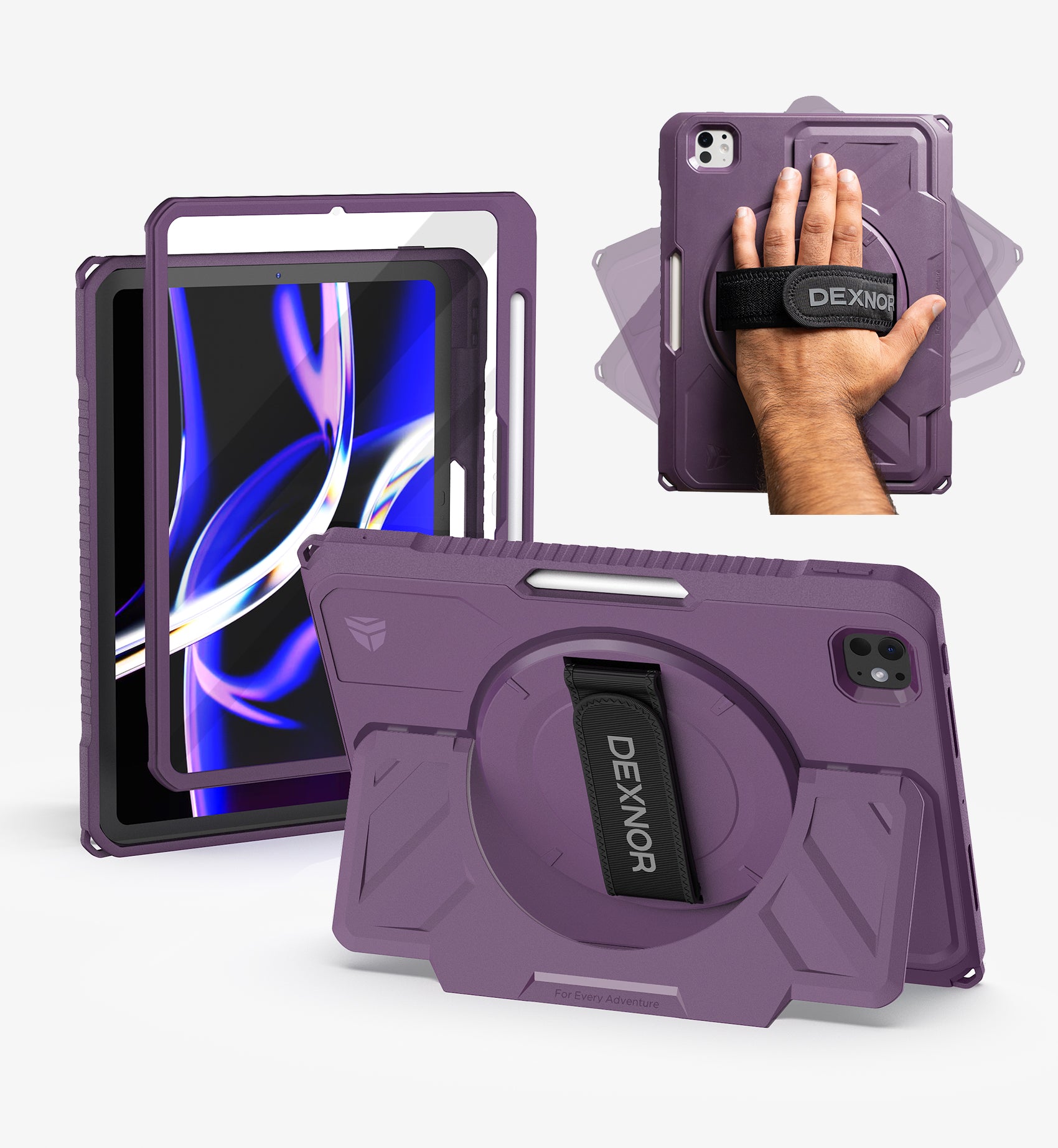 Dexnor Tablet Case for iPad Pro 11 inch M5 2025/M4 2024, Rugged with 360° Rotating Hand Strap Screen Protector Pencil Holder Shockproof Full-Body Cover