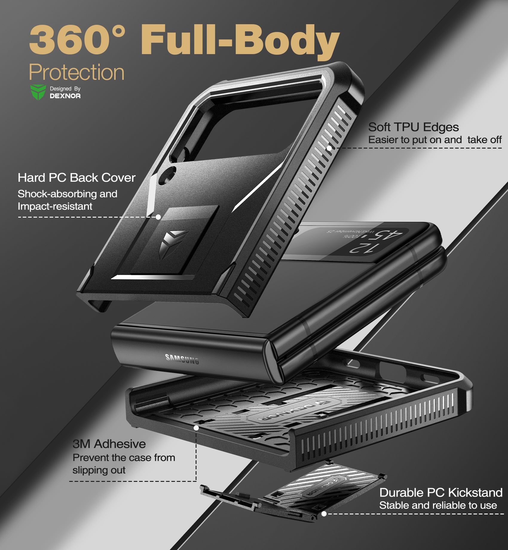Dexnor Case for Samsung Galaxy Z Flip 4  Hinge Coverage With Screen Protector Full Body Bumper Kickstand Hinge Coverage Shockproof Rugged  Cover