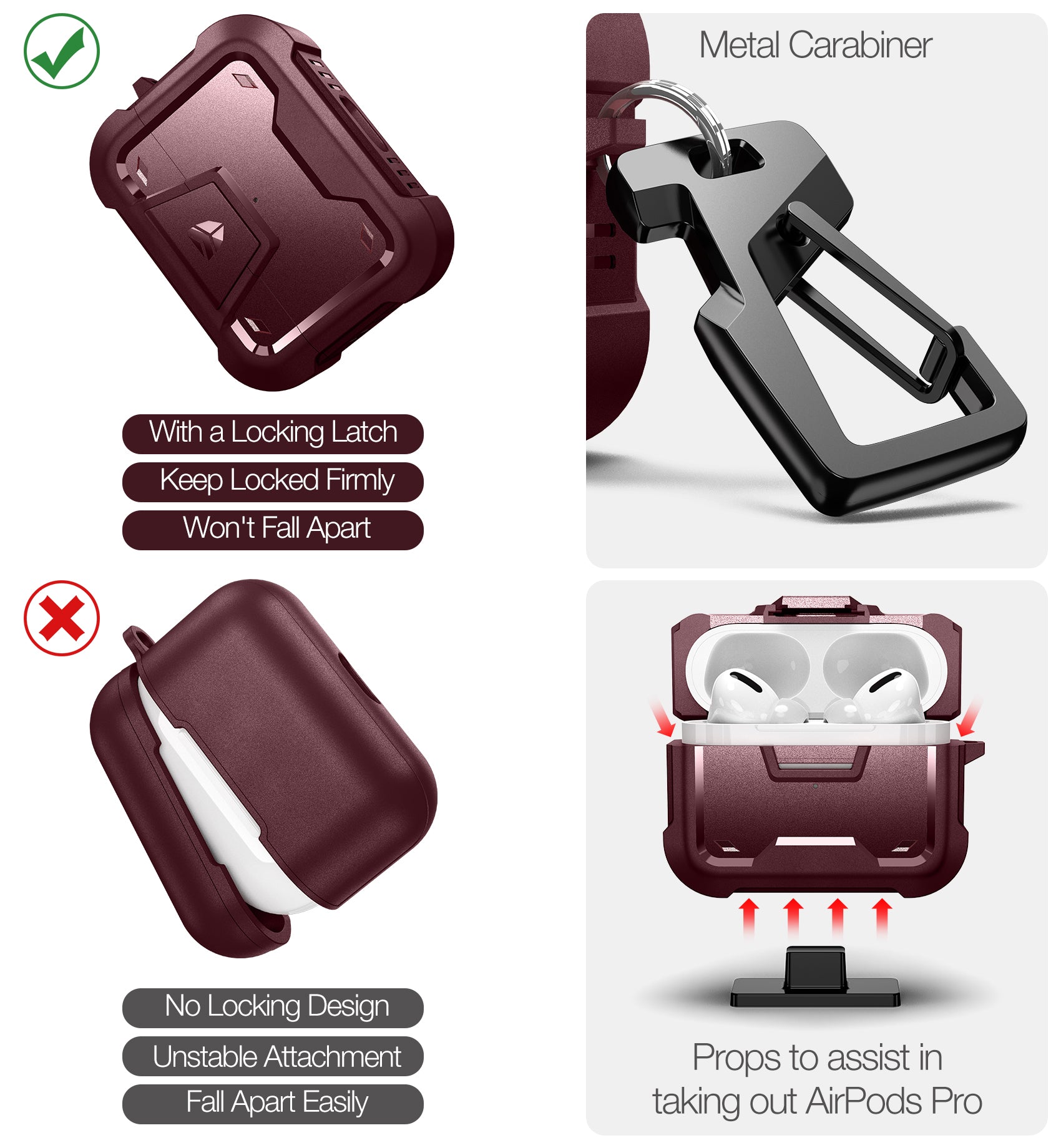 Dexnor Earphone Case for AirPods Pro 2019 with Secure Lock and Carabiner Full Body Bumper Shockproof Rugged Cover