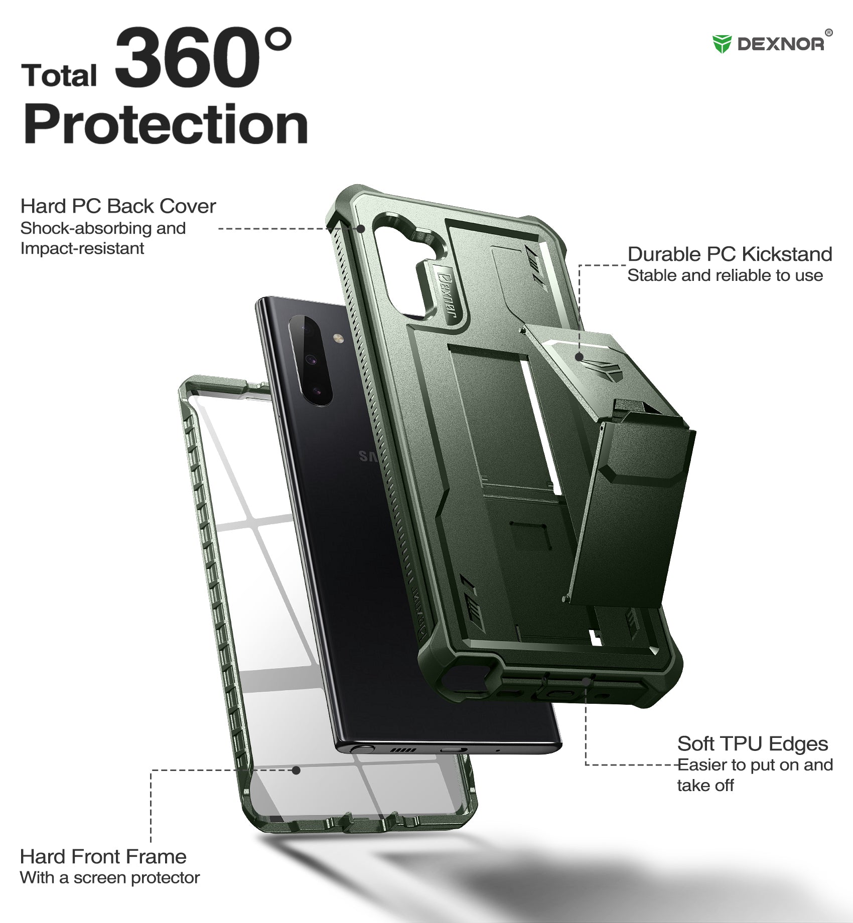 Dexnor Case for Samsung Galaxy Note 10 With Single Screen Protector Full Body Bumper Kickstand Heavy-duty Shockproof Rugged Military Grade Cover.