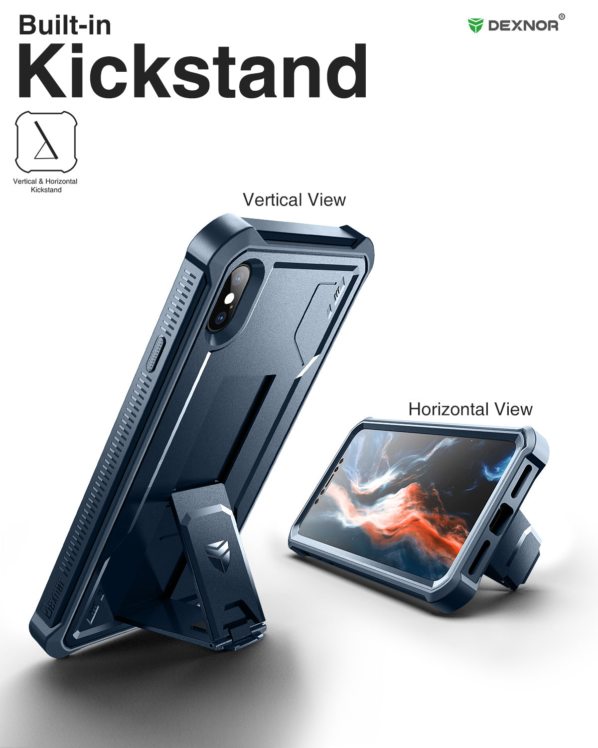 Dexnor Case for iPhone XS Max With Screen Protector Full Body Bumper Kickstand Heavy-duty Shockproof Rugged Cover.