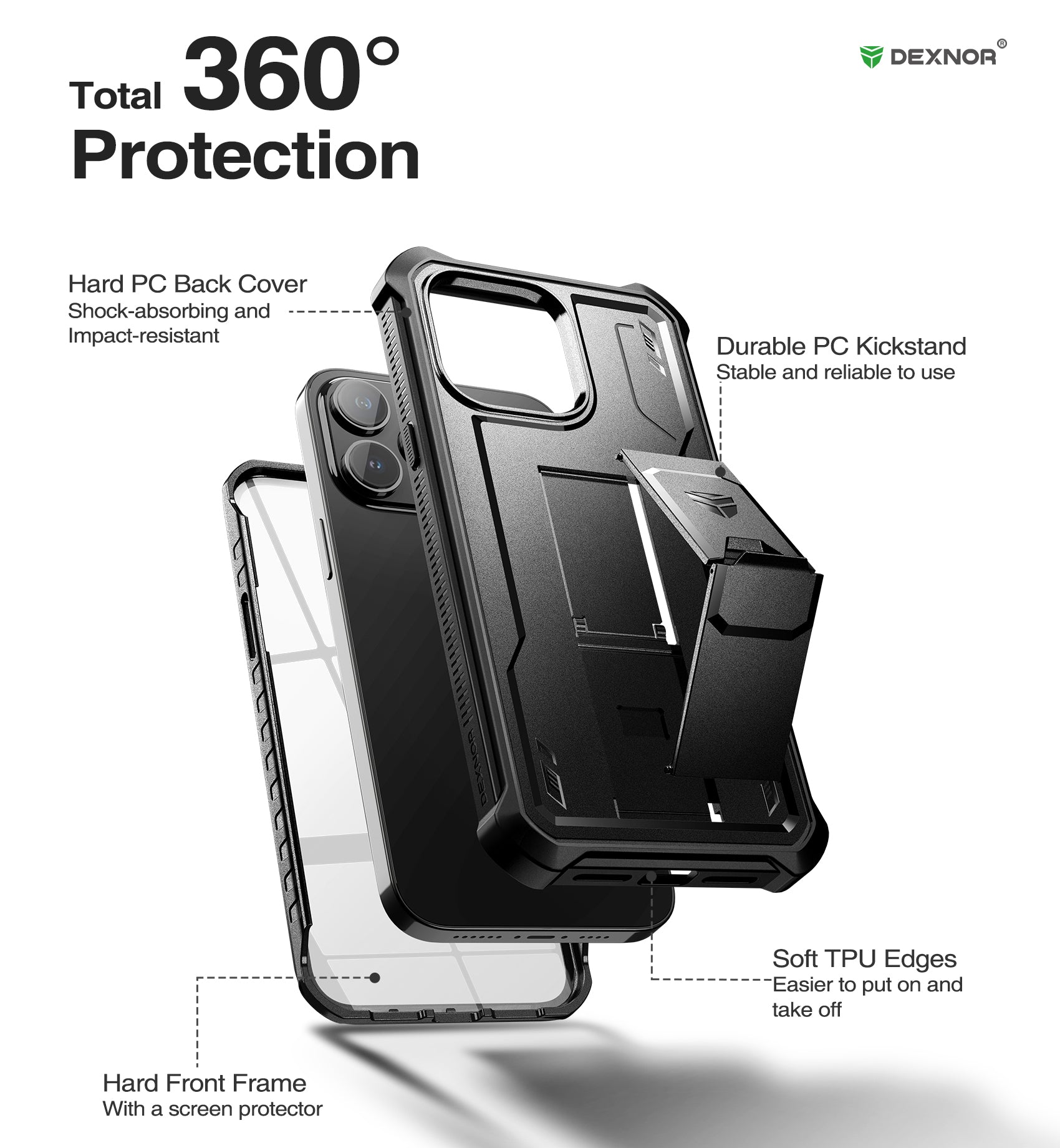 Dexnor for iphone 14 Pro Max Case  Heavy-duty Shockproof Full Body Built-in Screen Protector Adjustable Kickstand